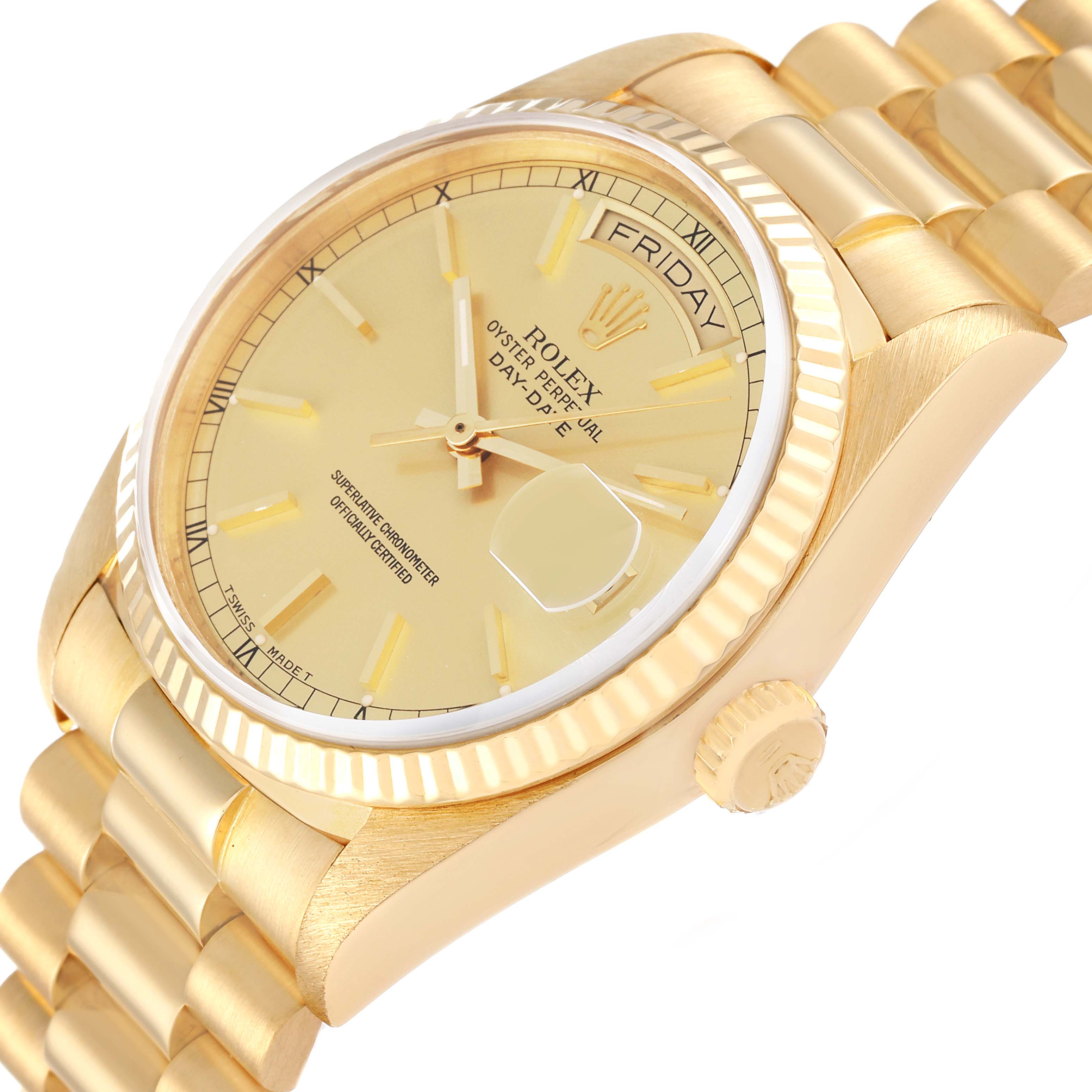This image shows a side view of a Rolex President 18038 Men's Yellow Gold Champagne Dial 18038 Men's Yellow Gold Champagne Dial model watch, highlighting the dial, crown, and part of the bracelet.