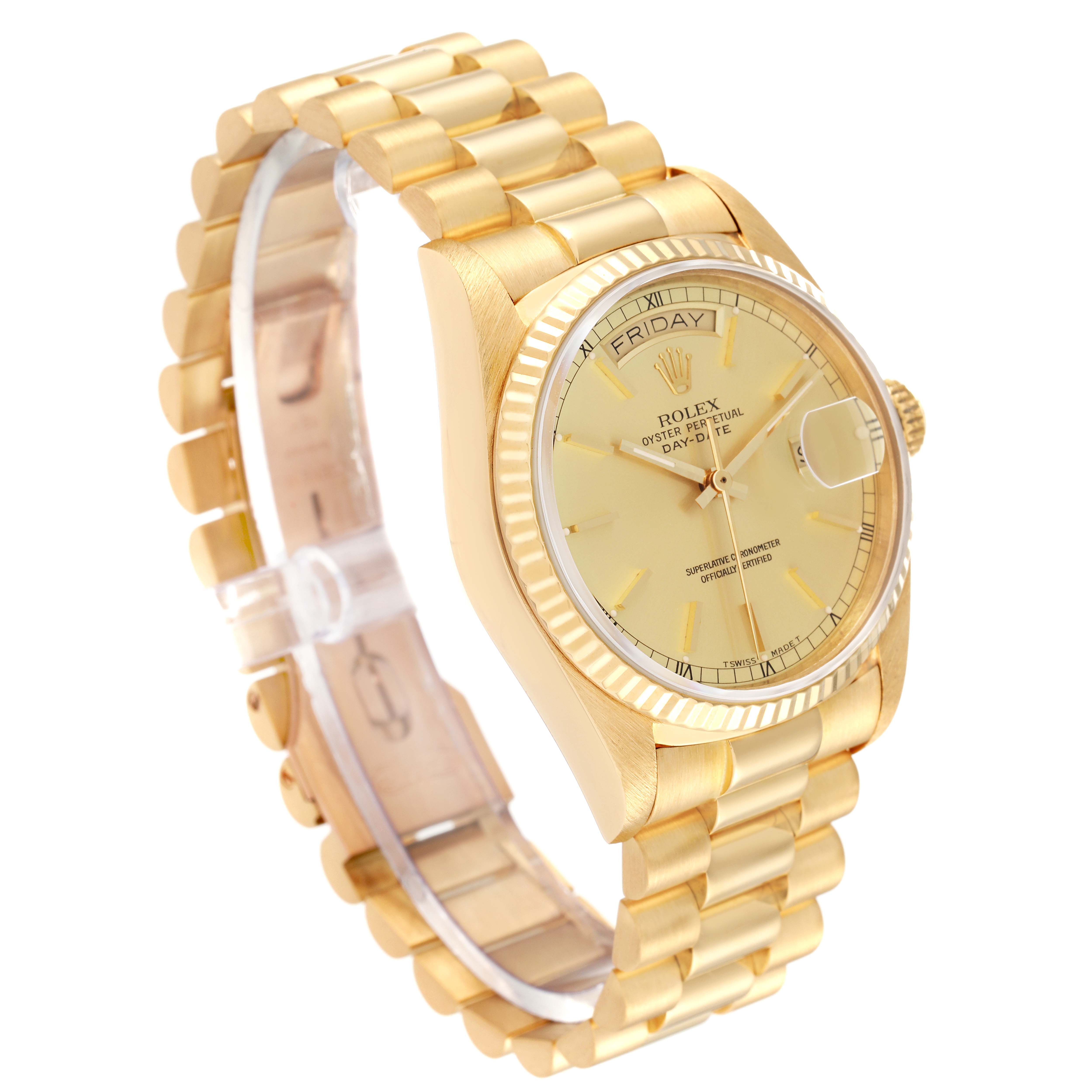 The image shows a Rolex President 18038 Men's Yellow Gold Champagne Dial 18038 Men's Yellow Gold Champagne Dial model watch from an angled view, highlighting the gold bracelet, dial, and bezel.