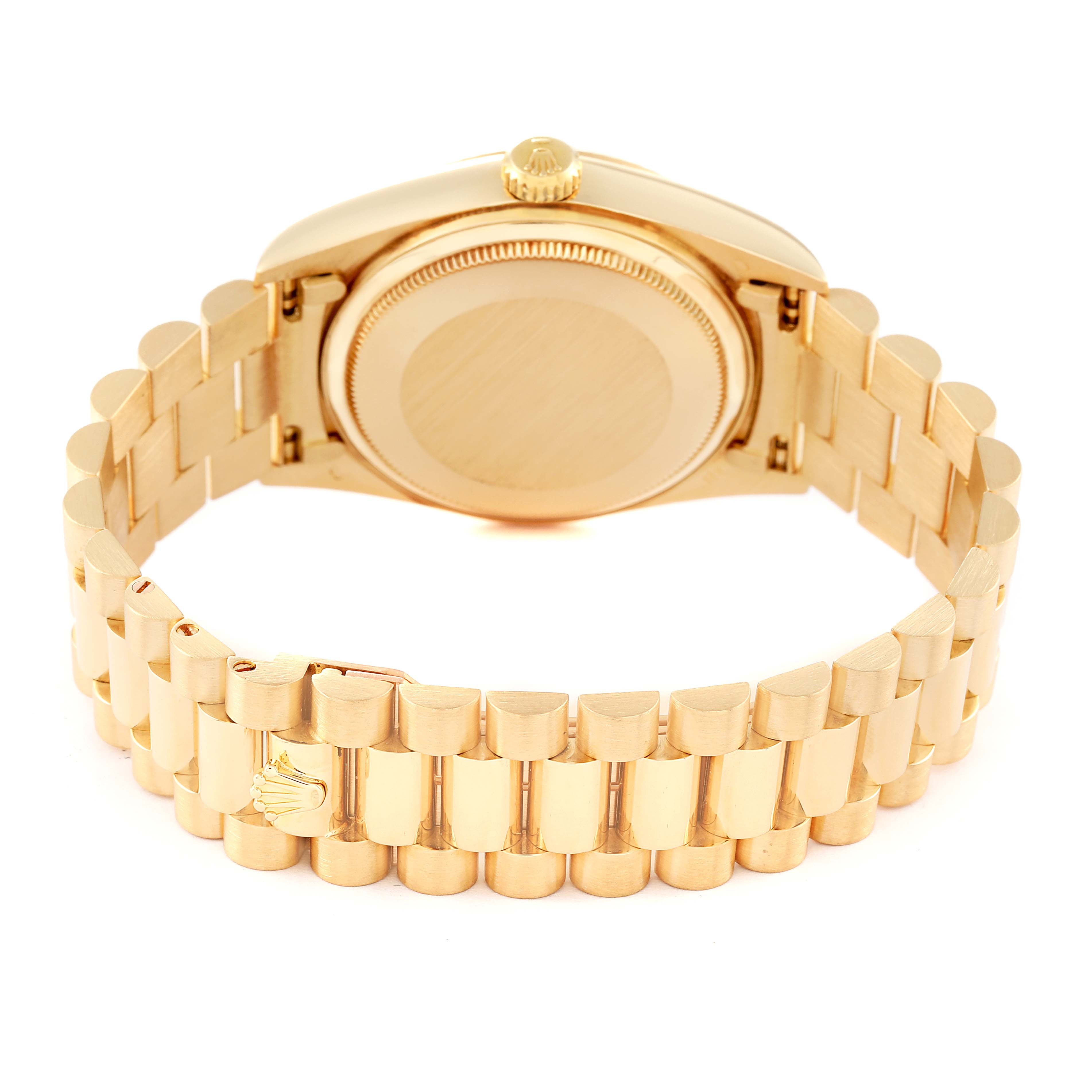 The image shows the back view of a Rolex President 18038 Men's Yellow Gold Champagne Dial 18038 Men's Yellow Gold Champagne Dial model watch, focusing on the case back and the bracelet.