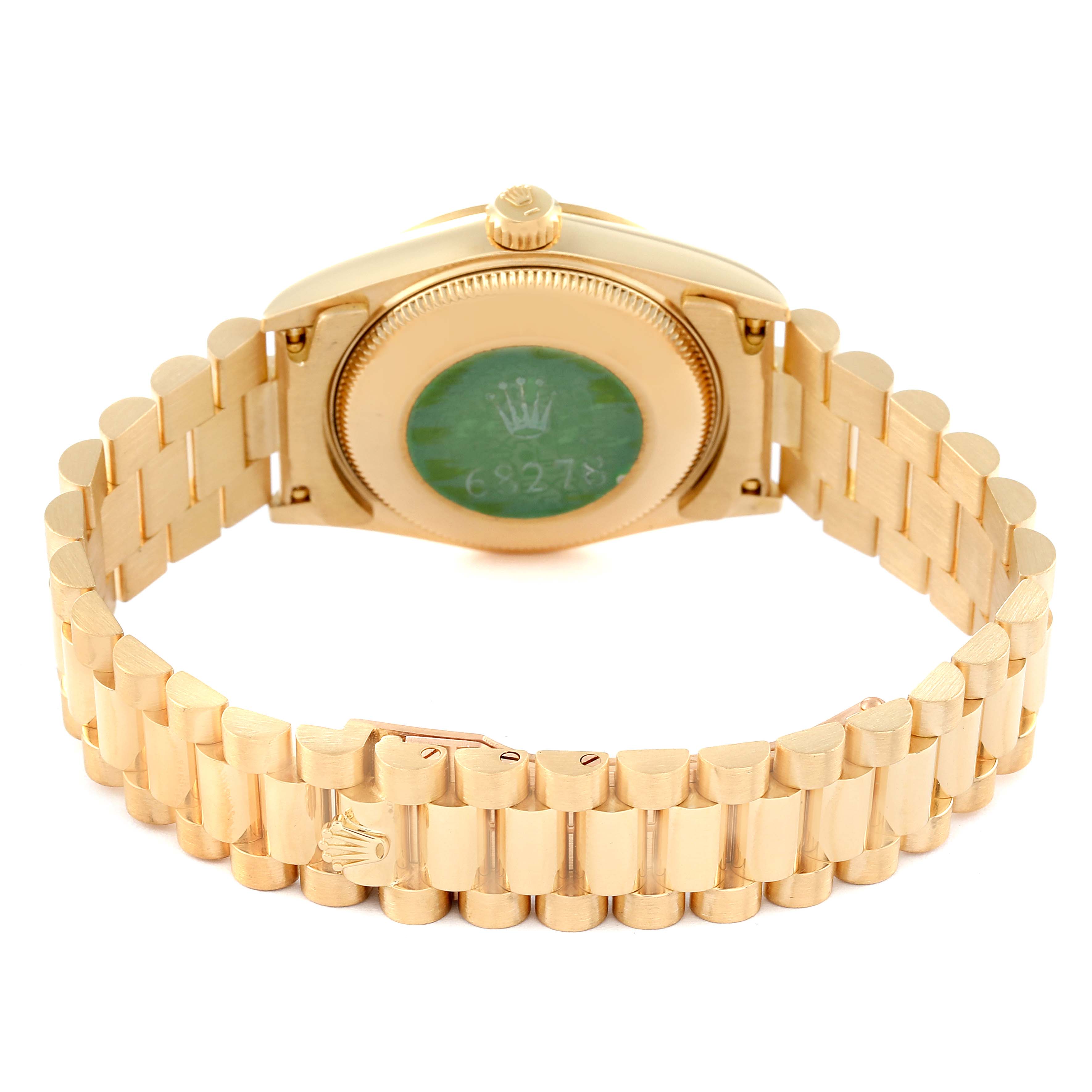 The image shows the back of a Rolex President 68278 Women's Yellow Gold Champagne Dial 68278 Women's Yellow Gold Champagne Dial model watch, including the case back, crown, and bracelet clasp.