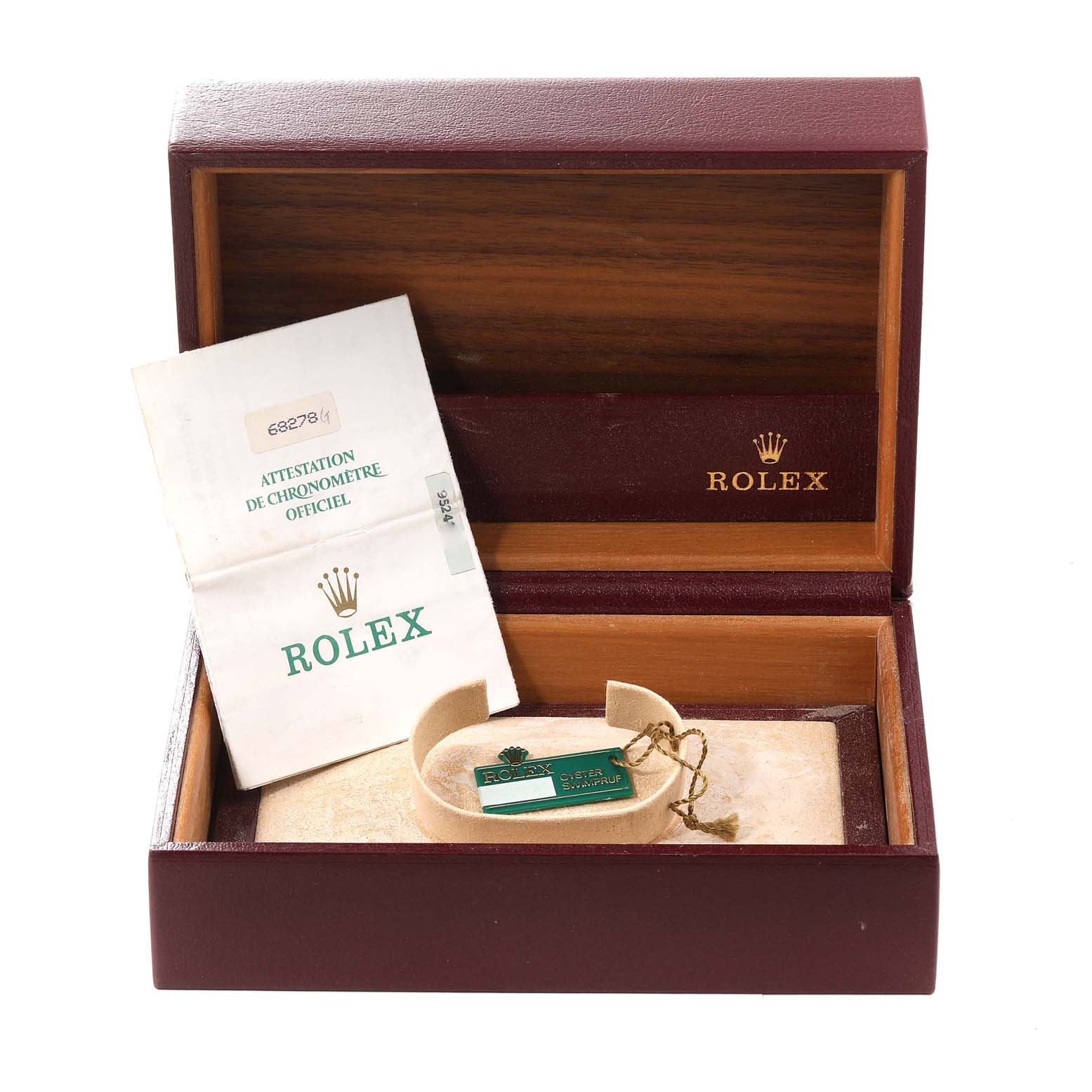The image shows a Rolex President 68278 Women's Yellow Gold Champagne Dial 68278 Women's Yellow Gold Champagne Dial model watch box, open, with accompanying documents and a Rolex green tag inside.