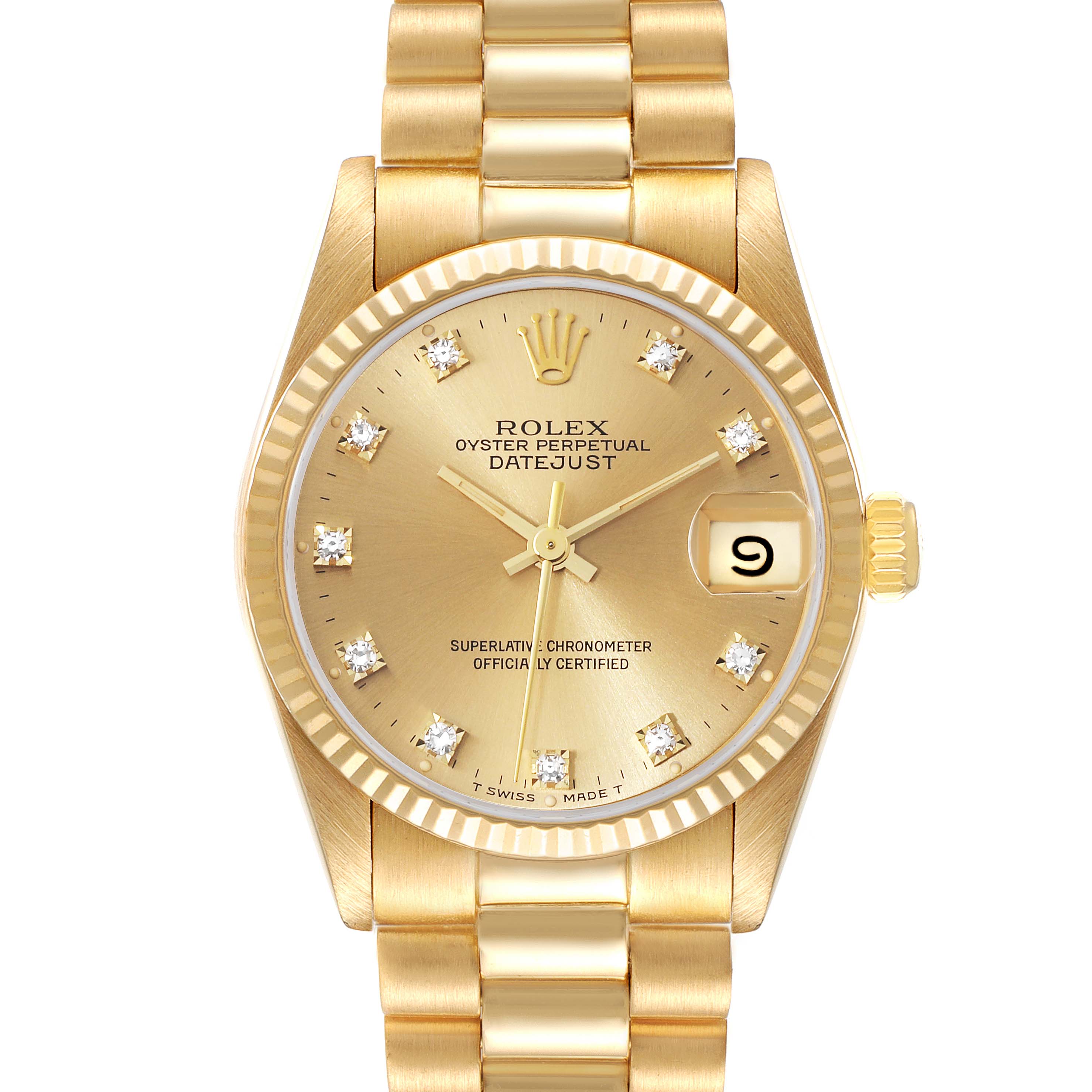 This image shows the face and bracelet of a gold Rolex President 68278 Women's Yellow Gold Champagne Dial 68278 Women's Yellow Gold Champagne Dial Oyster Perpetual Datejust watch from a front angle.