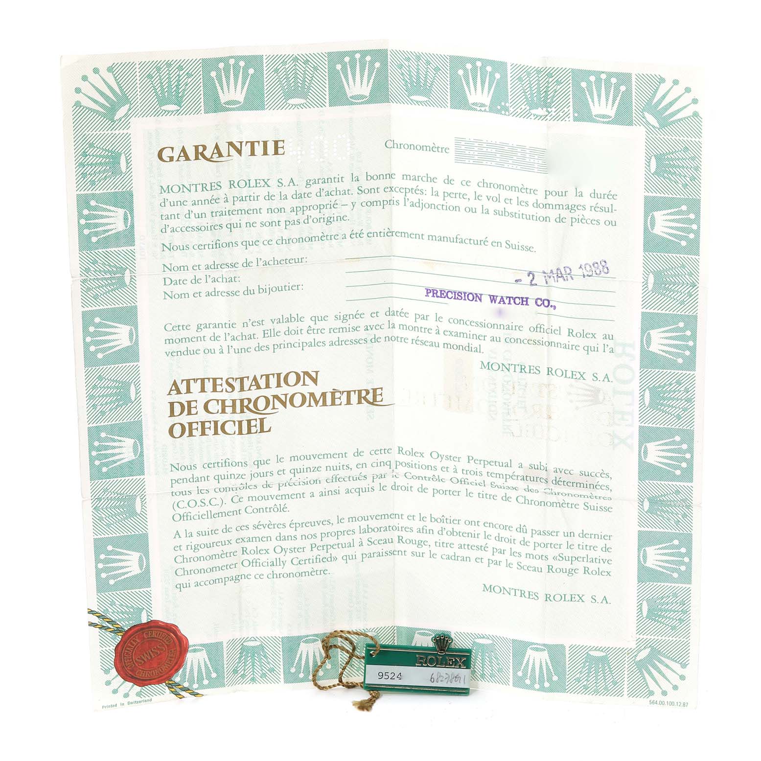 This image shows the certificate and tag for a Rolex President 68278 Women's Yellow Gold Champagne Dial 68278 Women's Yellow Gold Champagne Dial model, viewed from a straight-on angle.