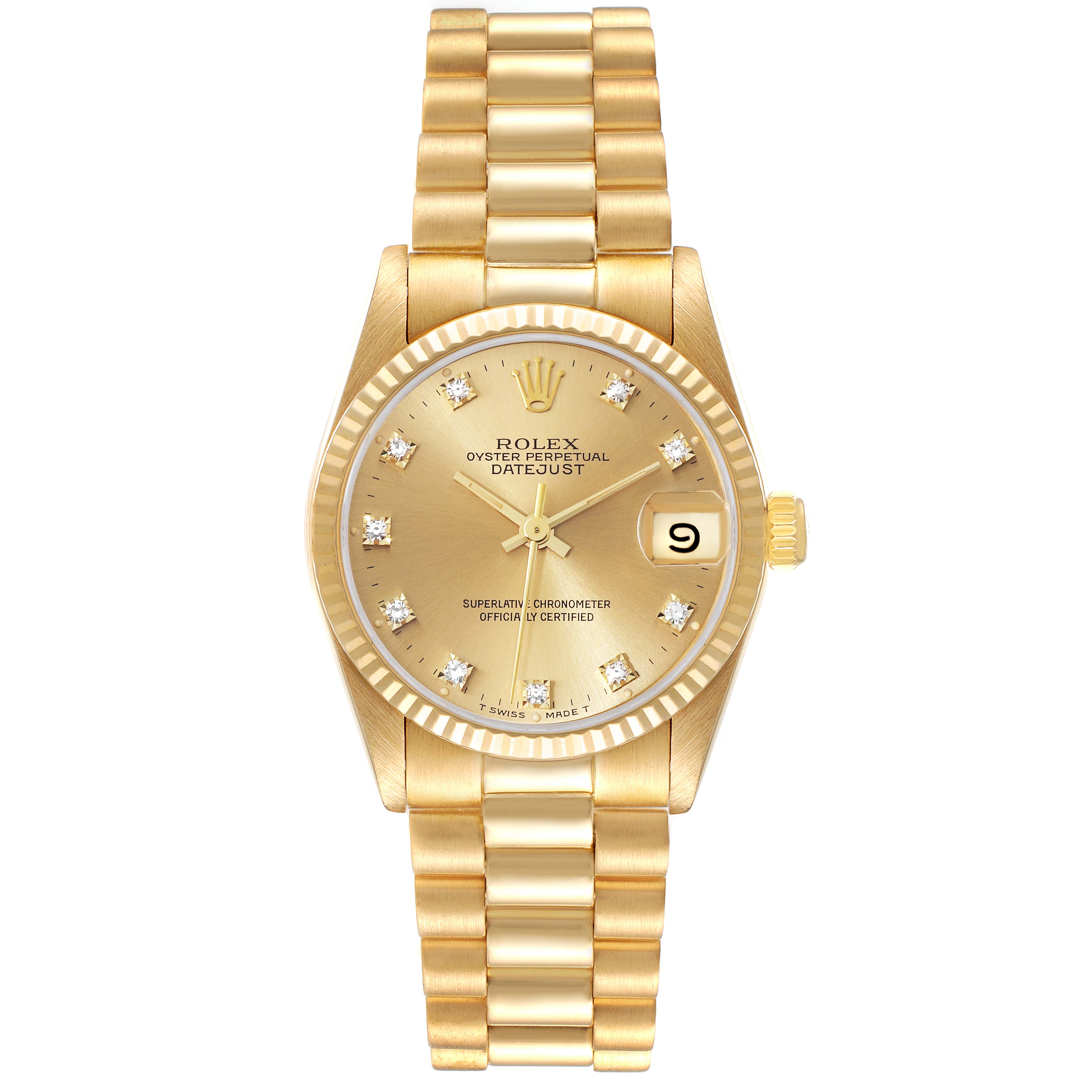This image shows a frontal view of a gold Rolex President 68278 Women's Yellow Gold Champagne Dial 68278 Women's Yellow Gold Champagne Dial model watch, featuring a gold dial, fluted bezel, and President bracelet.