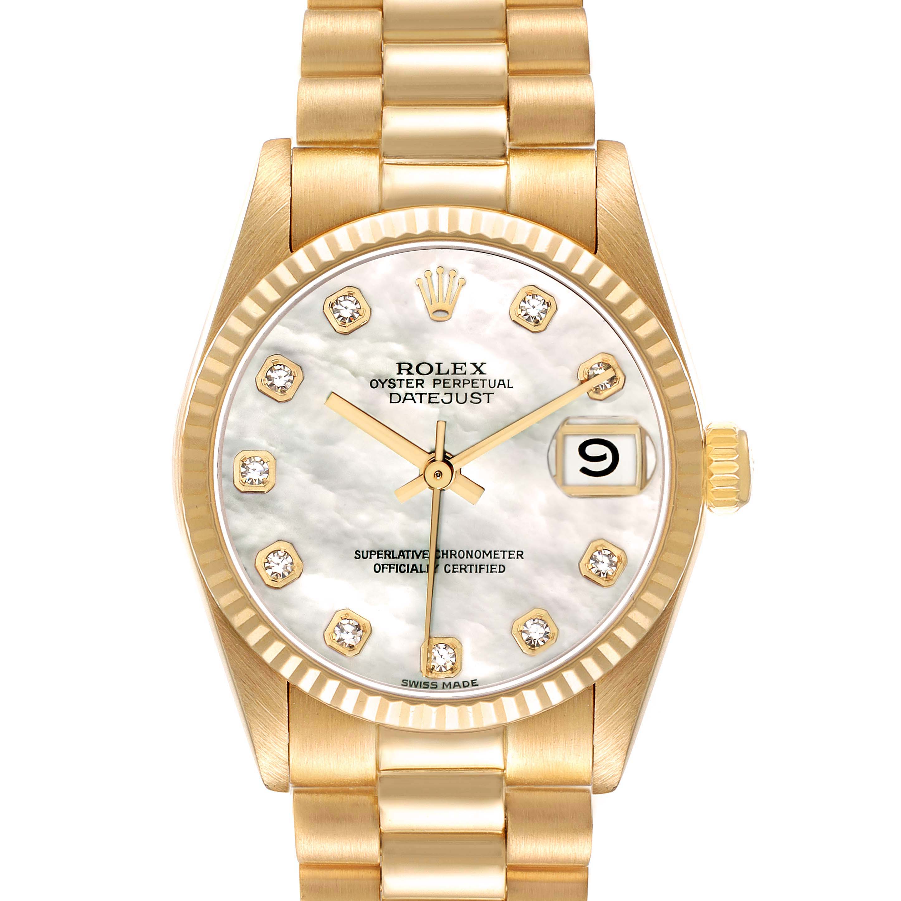 The Rolex President 68278 Women
s Yellow Gold Mother of Pearl Dial model is shown from the front, highlighting the dial, bezel, crown, and band.
