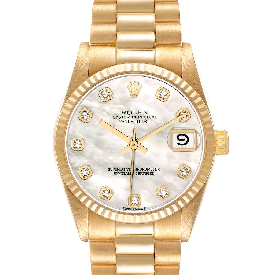 The Rolex President 68278 Women's Yellow Gold Mother of Pearl Dial model is shown from the front, highlighting the dial, bezel, crown, and band.