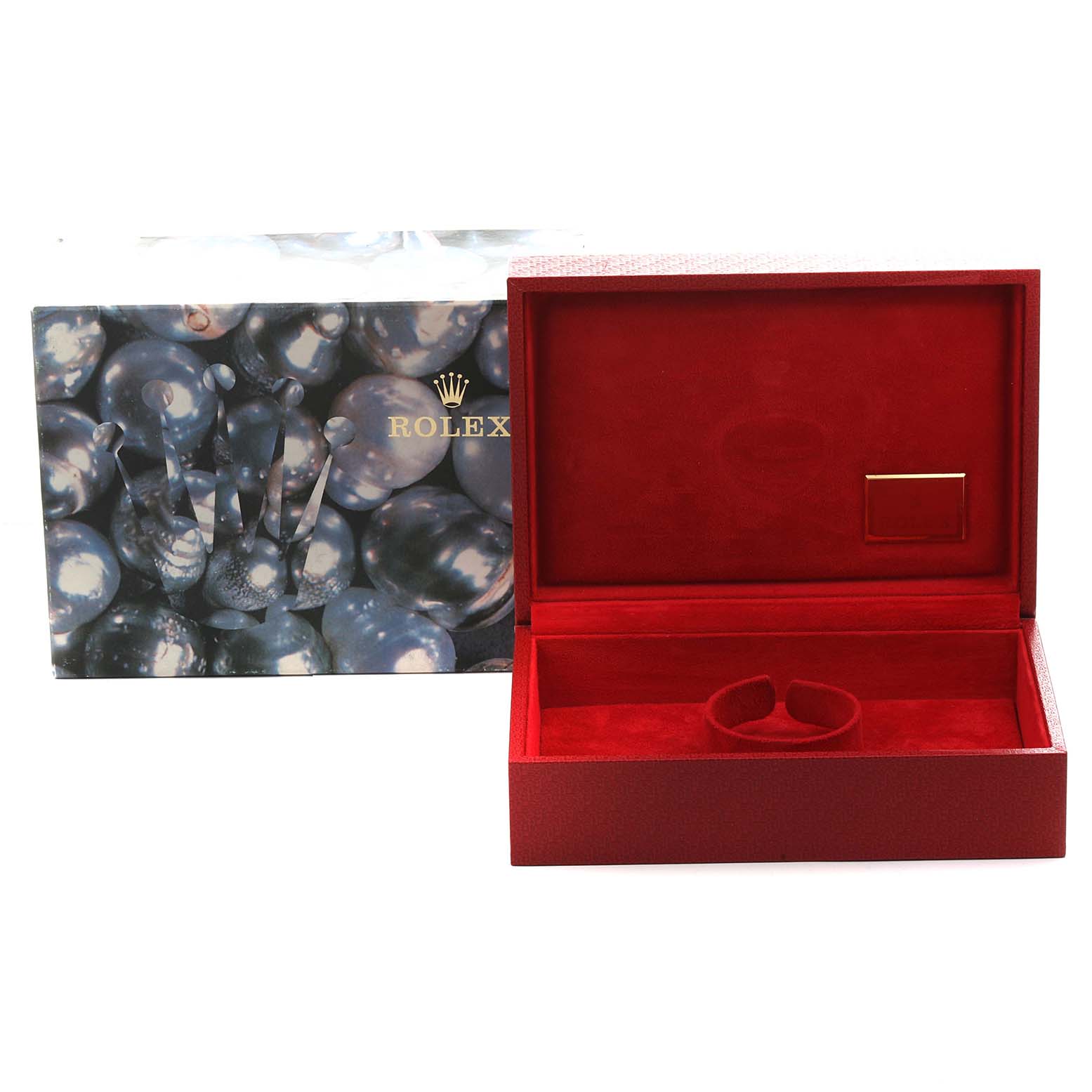 The image shows a Rolex President 68278 Women
s Yellow Gold Mother of Pearl Dial model watch box with the lid open, revealing a red interior.