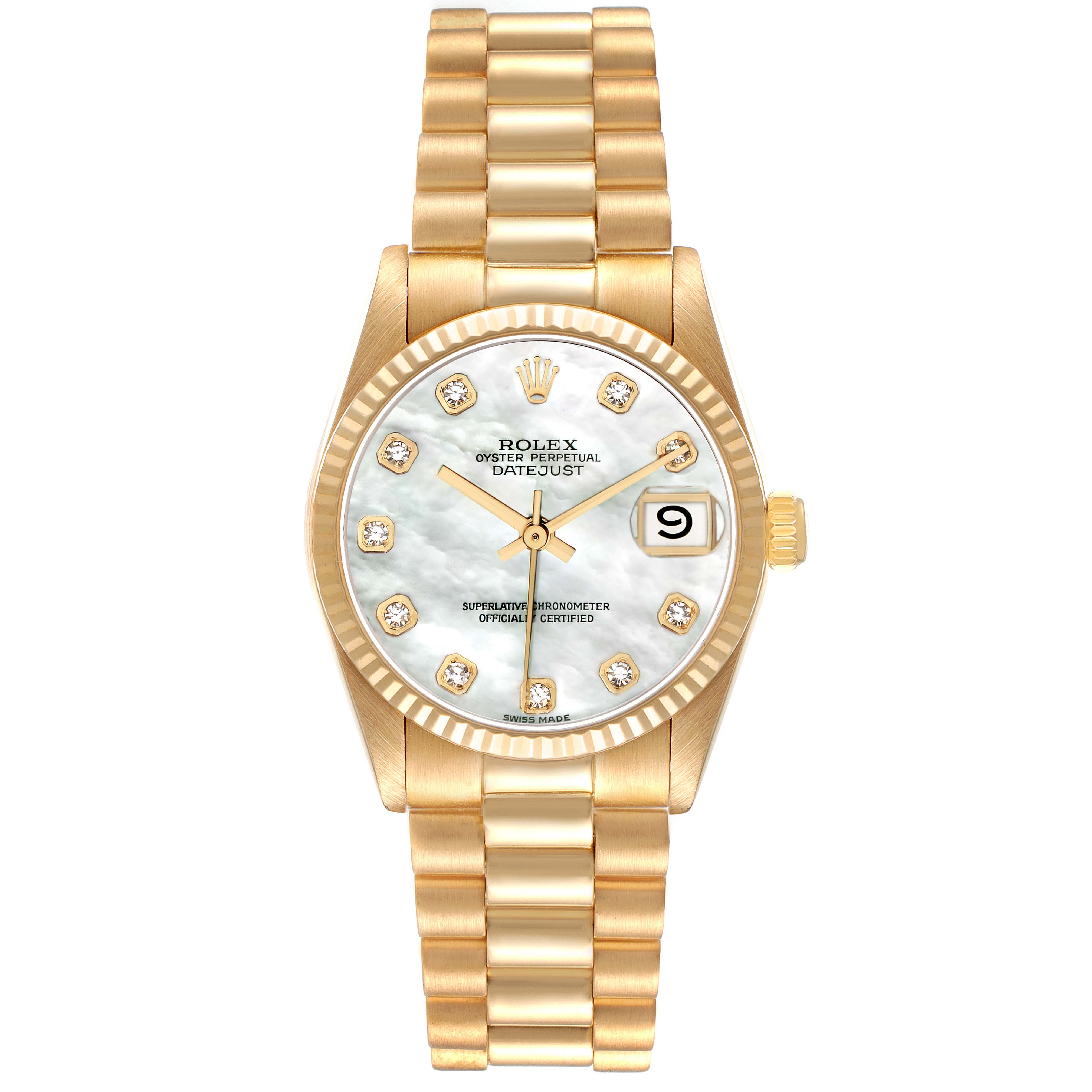 The Rolex President 68278 Women
s Yellow Gold Mother of Pearl Dial model watch is shown face-up, displaying its dial, gold bracelet, hands, indices, and date window at 
3
.