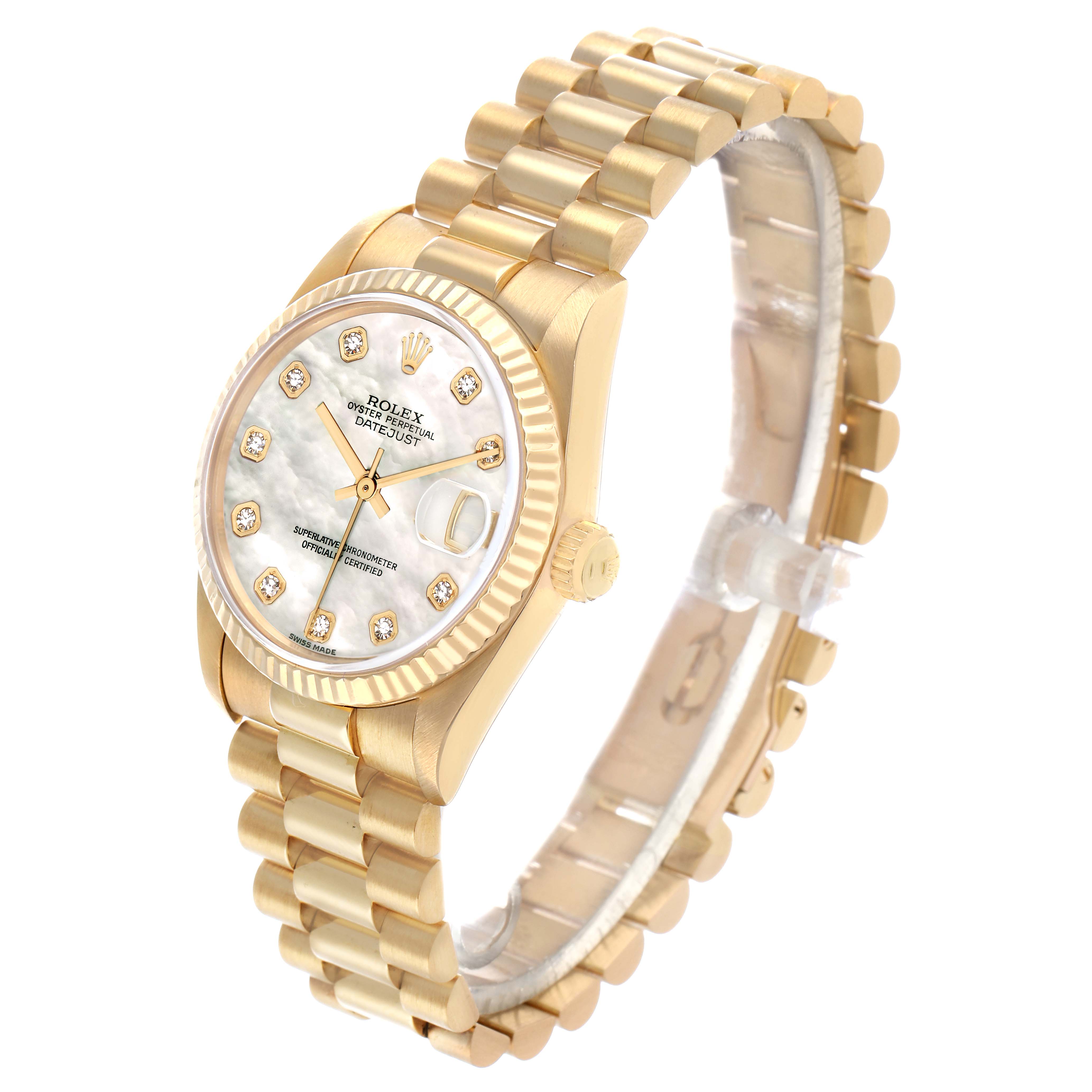 The image shows a Rolex President 68278 Women
s Yellow Gold Mother of Pearl Dial model watch from a 3/4 angle, highlighting the dial, bezel, crown, and President bracelet.