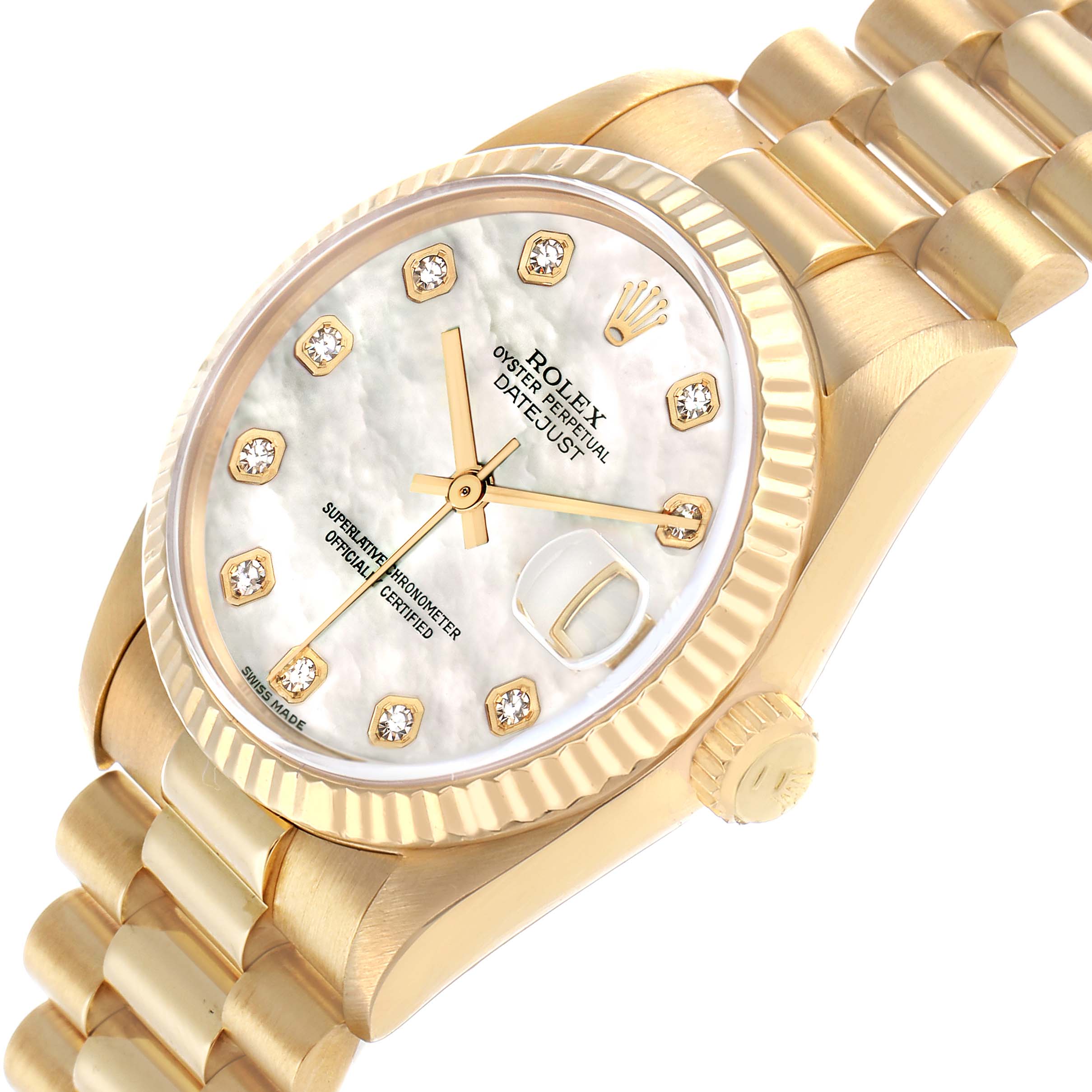 The Rolex President 68278 Women
s Yellow Gold Mother of Pearl Dial model watch is shown at a slight angle highlighting the face, bezel, and bracelet.