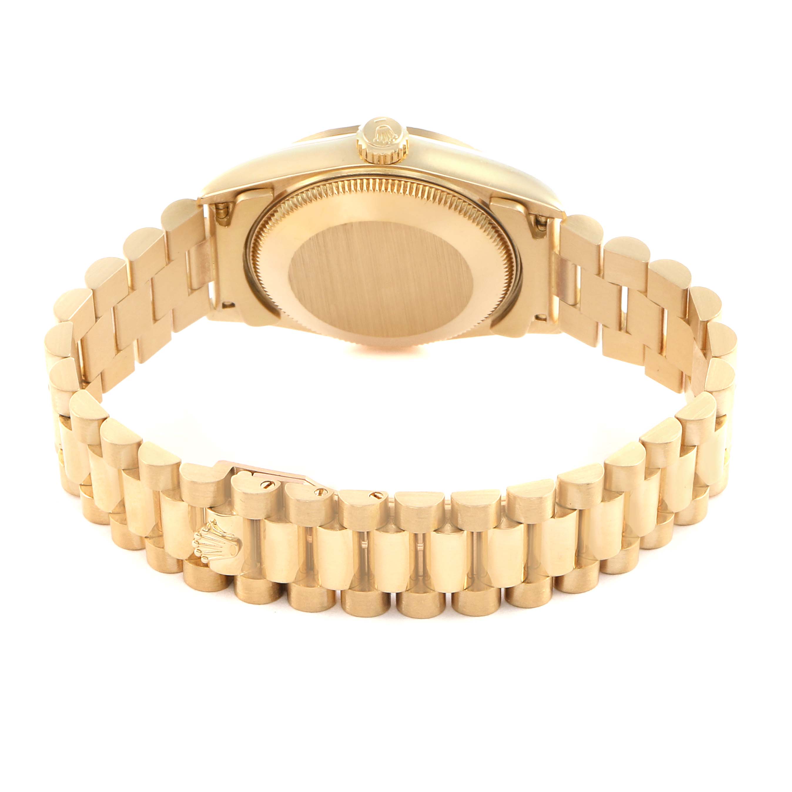 The image shows the back of the Rolex President 68278 Women
s Yellow Gold Mother of Pearl Dial model, highlighting the bracelet and case back from a slightly elevated angle.