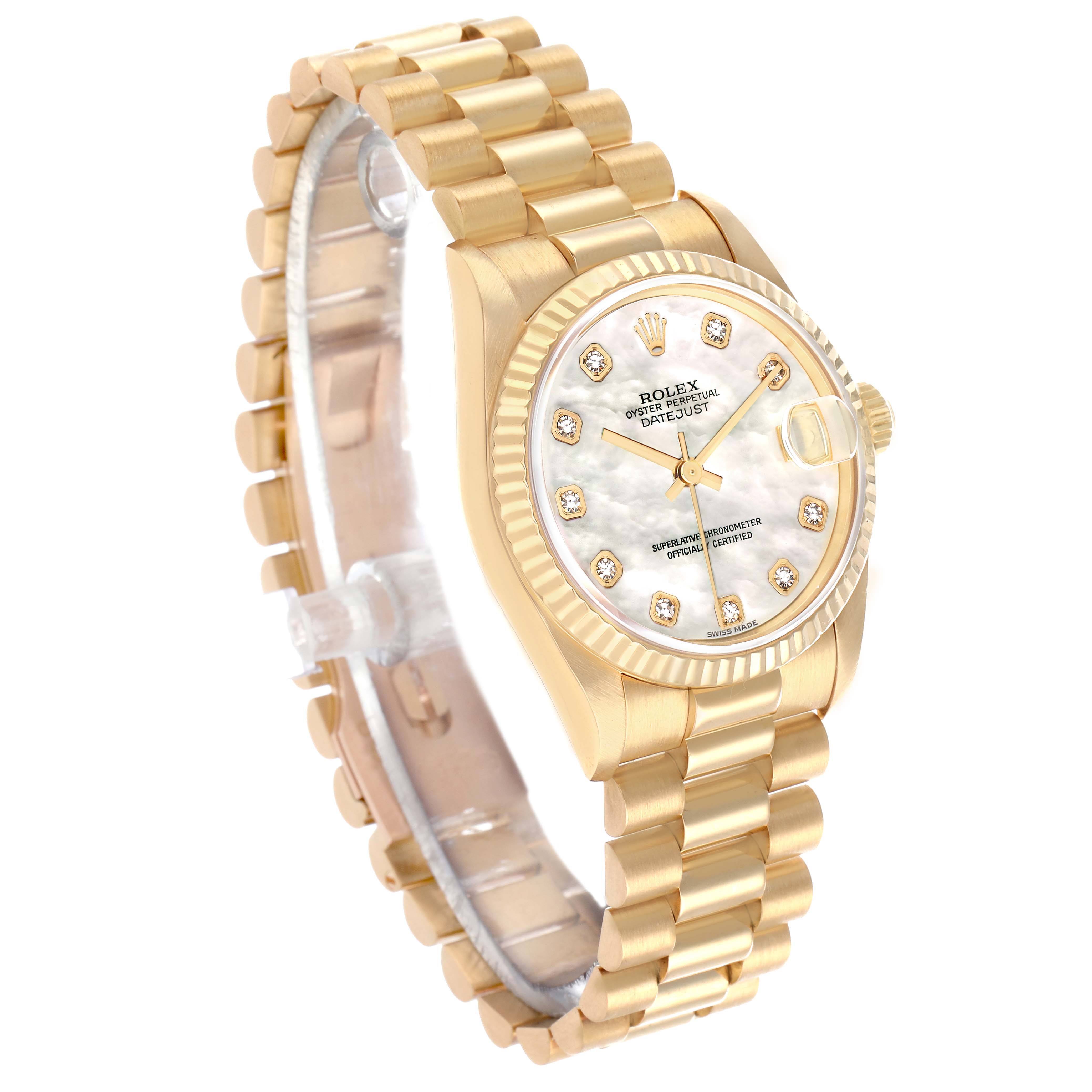The Rolex President 68278 Women
s Yellow Gold Mother of Pearl Dial model is shown at a three-quarter angle, highlighting its gold bracelet, bezel, and detailed dial.