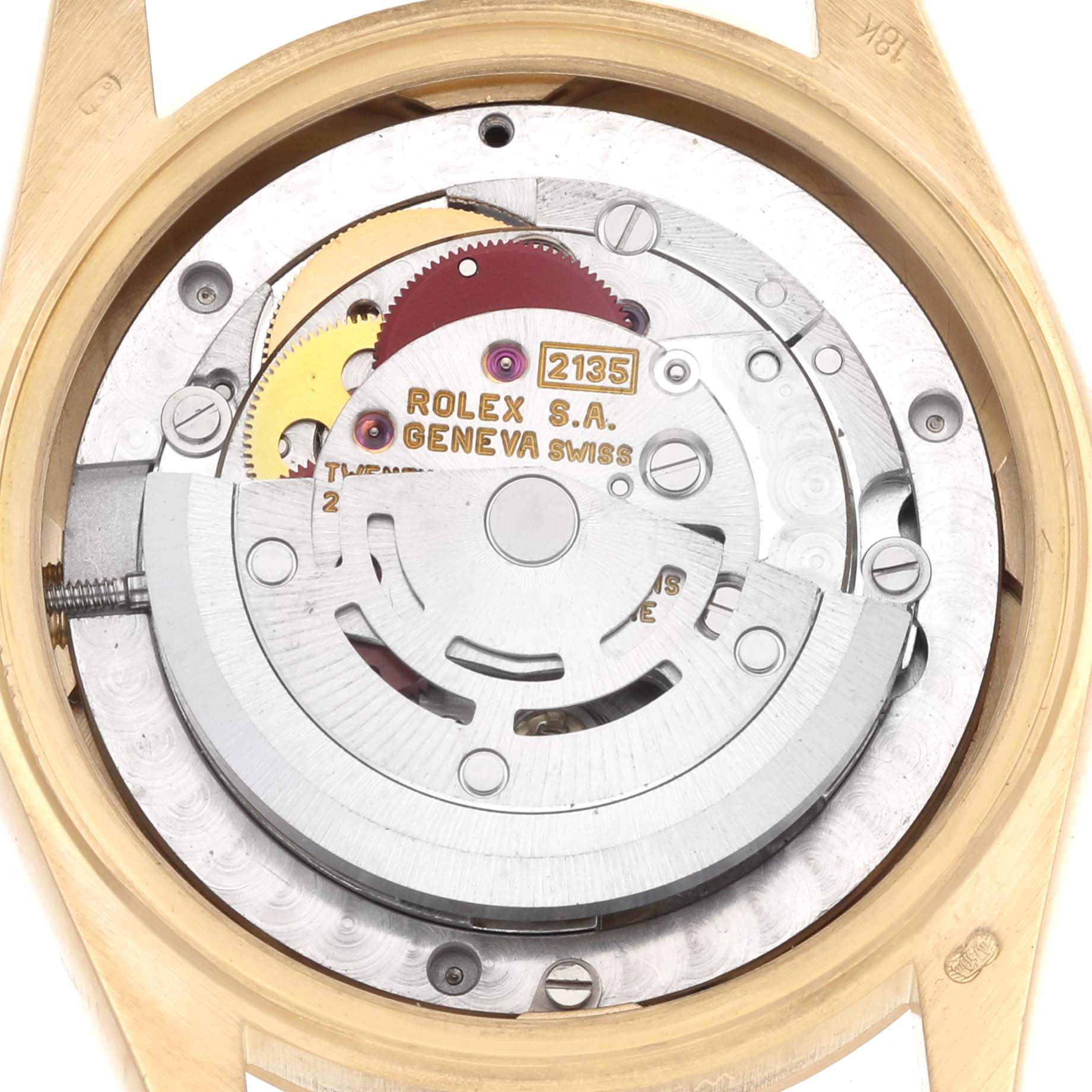 The image shows the movement and rotor of a Rolex President 68278 Women
s Yellow Gold Mother of Pearl Dial watch from a top view.