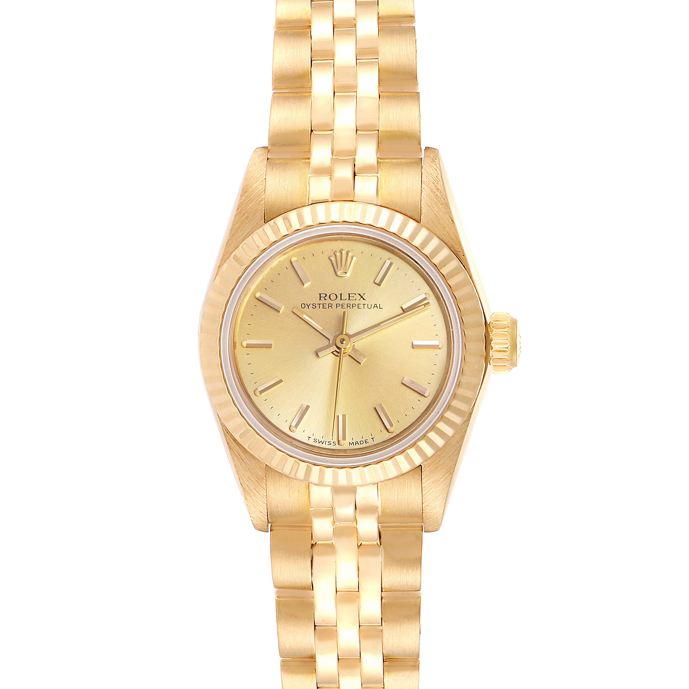 This image shows a frontal view of a Rolex President 67198 Women
s Yellow Gold Champagne Dial 67198 Women
s Yellow Gold Champagne Dial model watch, featuring its gold bracelet, case, and dial.