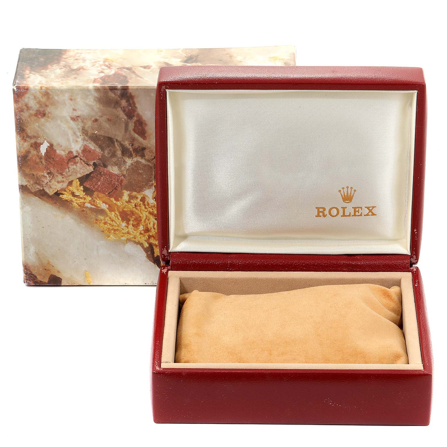 This image shows an opened Rolex President 67198 Women
s Yellow Gold Champagne Dial 67198 Women
s Yellow Gold Champagne Dial model watch box with an outer cardboard case behind it.