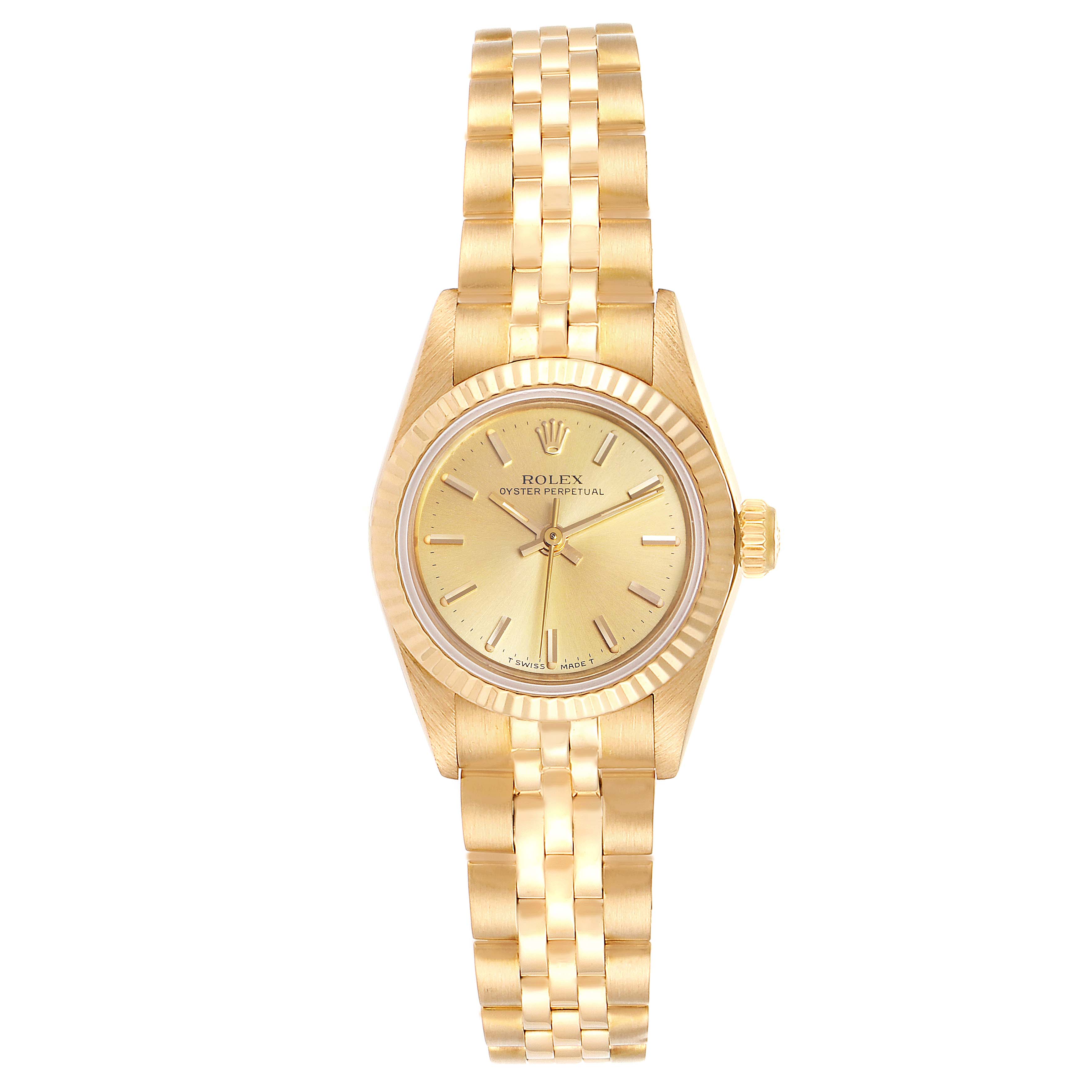 The image shows a Rolex President 67198 Women
s Yellow Gold Champagne Dial 67198 Women
s Yellow Gold Champagne Dial model watch from a top-down angle, displaying the face, bezel, and bracelet.