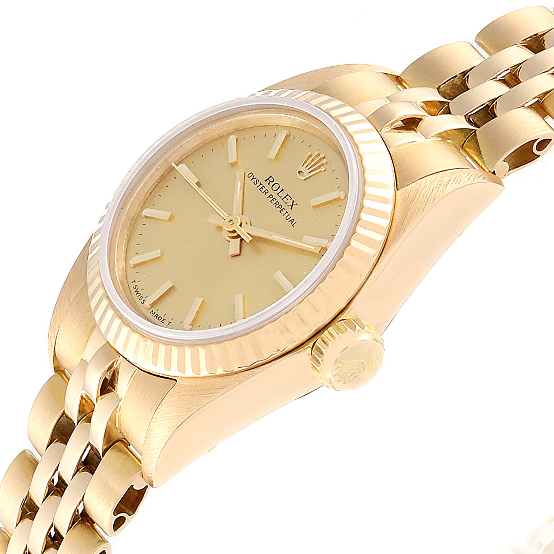 The image shows a close-up side angle of the Rolex President 67198 Women
s Yellow Gold Champagne Dial 67198 Women
s Yellow Gold Champagne Dial model, highlighting the watch face, bezel, crown, and part of the bracelet.