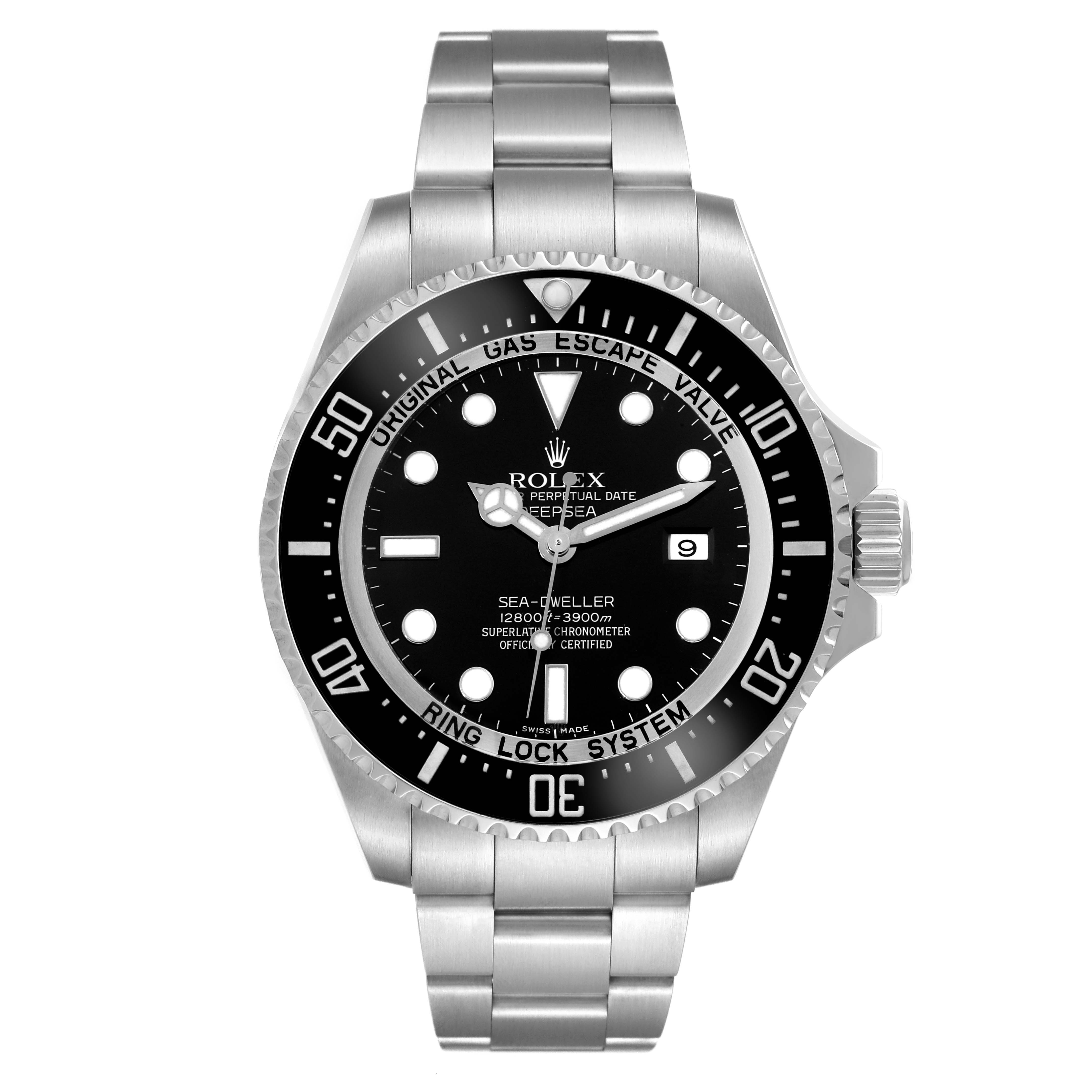 The Rolex Sea-Dweller 116660 Men's Stainless Steel Black Dial watch is shown from a front angle, displaying its dial, bezel, case, bracelet, and crown.