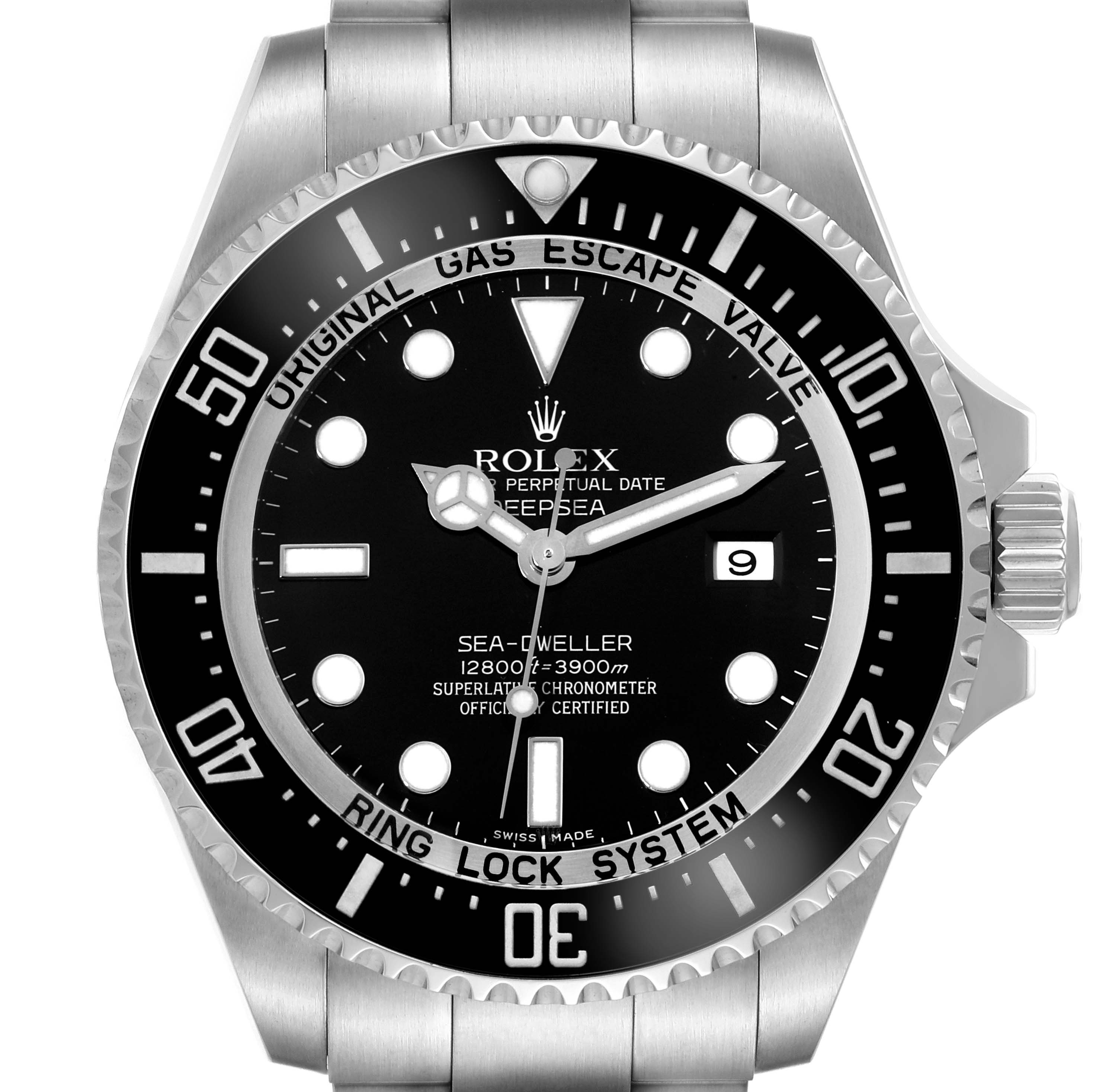 The Rolex Sea-Dweller 116660 Men's Stainless Steel Black Dial watch is shown from the front, highlighting the dial, bezel, and part of the bracelet.