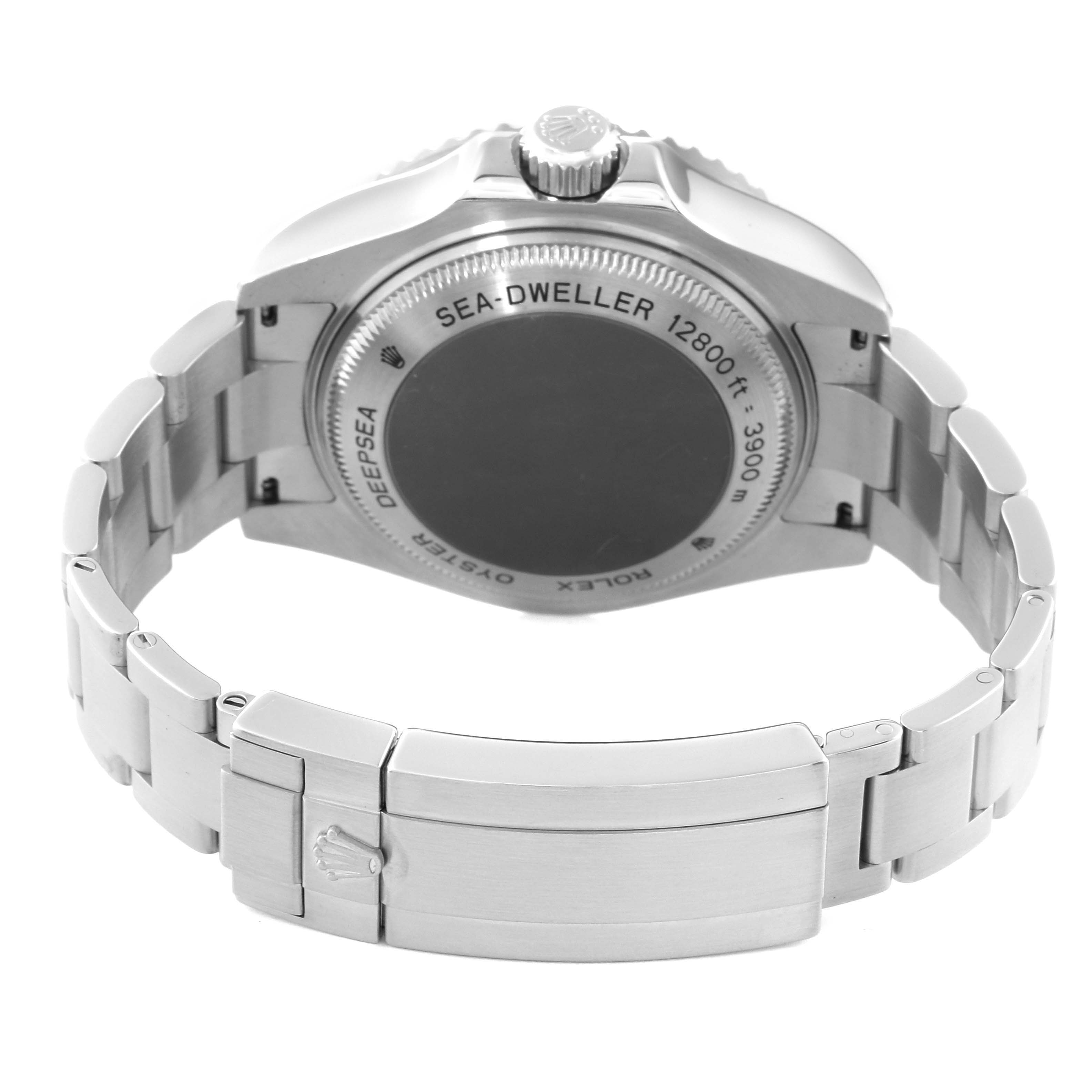 The image shows the back case, bezel, and bracelet clasp of the Rolex Sea-Dweller 116660 Men's Stainless Steel Black Dial watch from a rear angle.