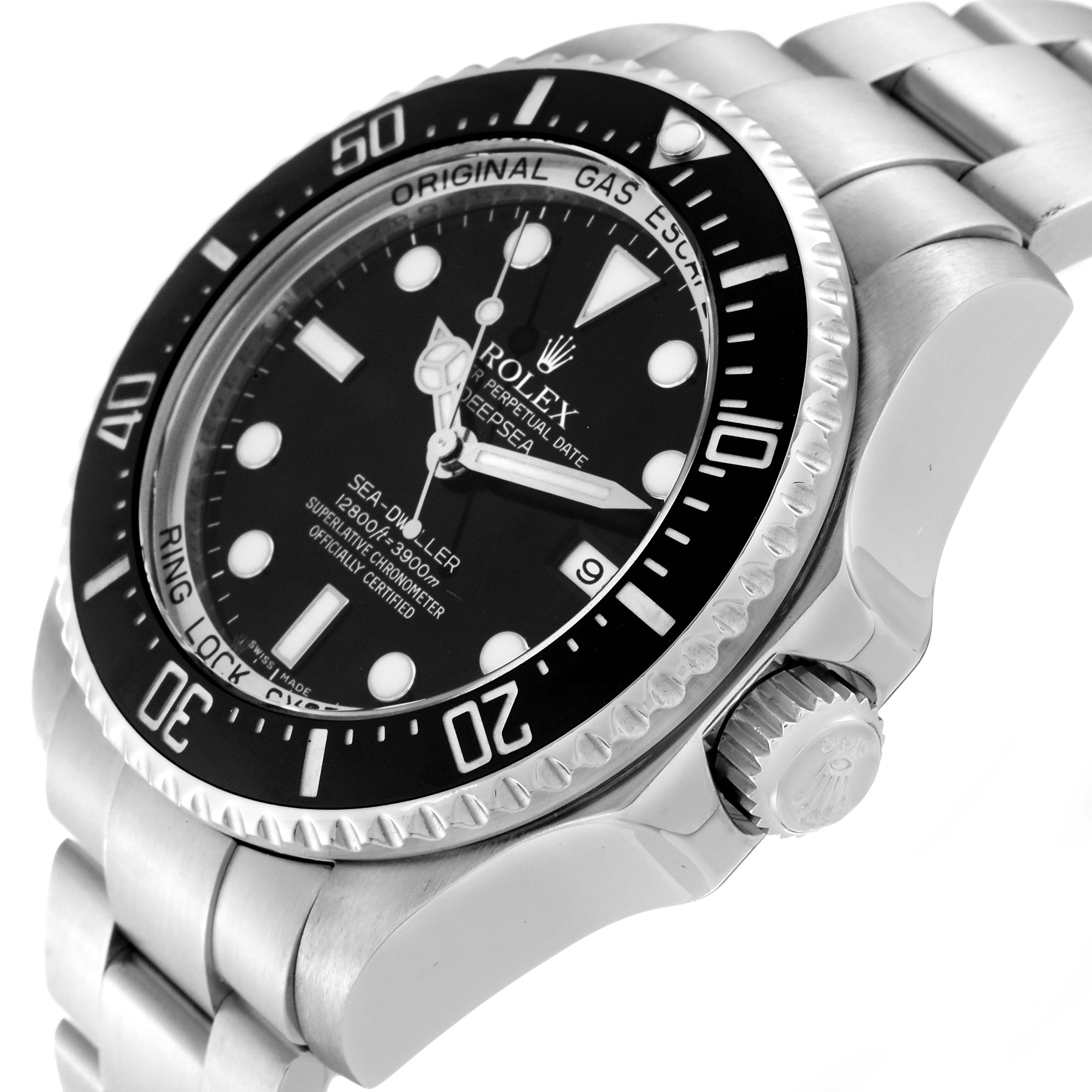 The Rolex Sea-Dweller 116660 Men's Stainless Steel Black Dial watch is shown at an angled side view, highlighting the bezel, dial, and crown.