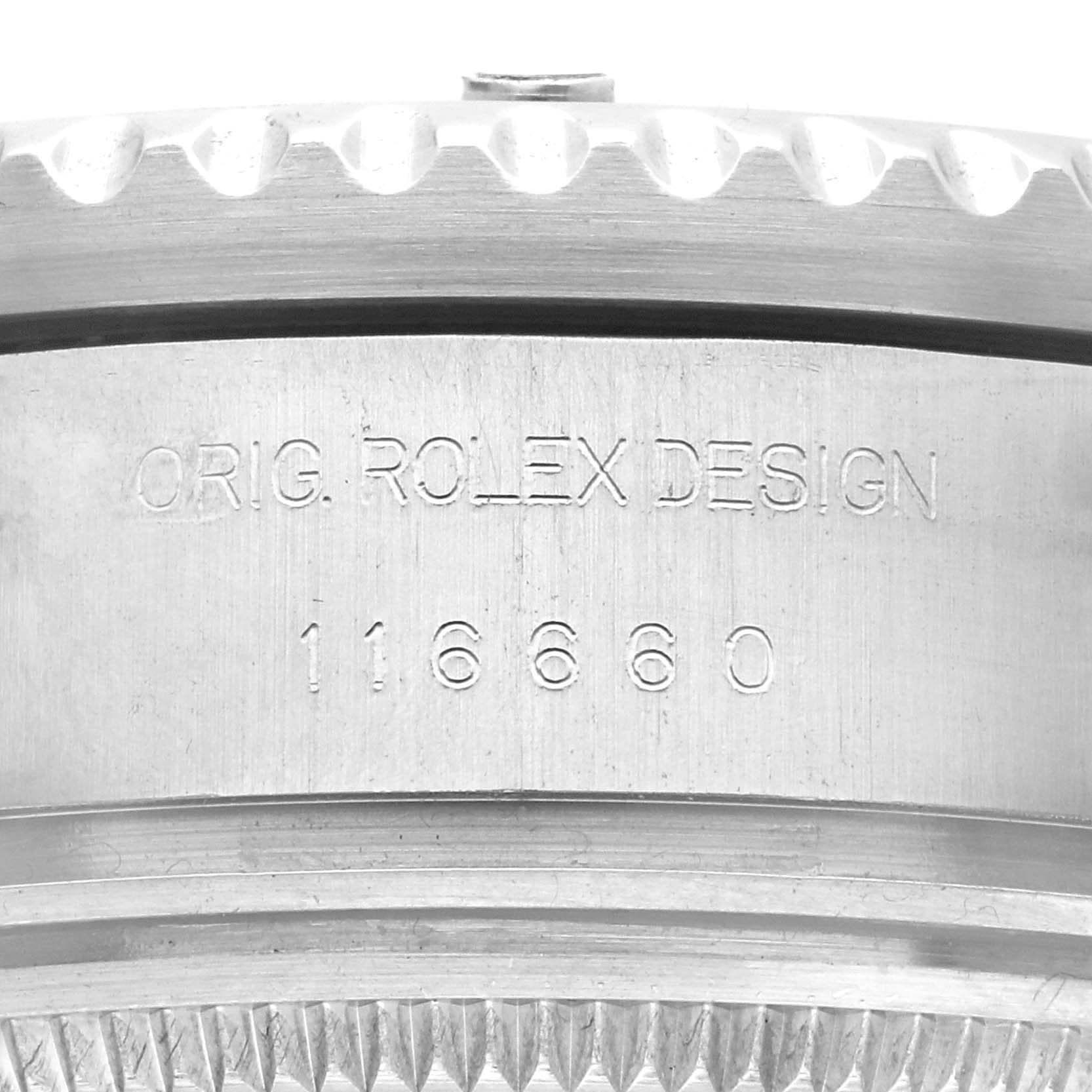 The image shows a close-up of the side of a Rolex Sea-Dweller 116660 Men's Stainless Steel Black Dial watch, focusing on the engraved model and design numbers.