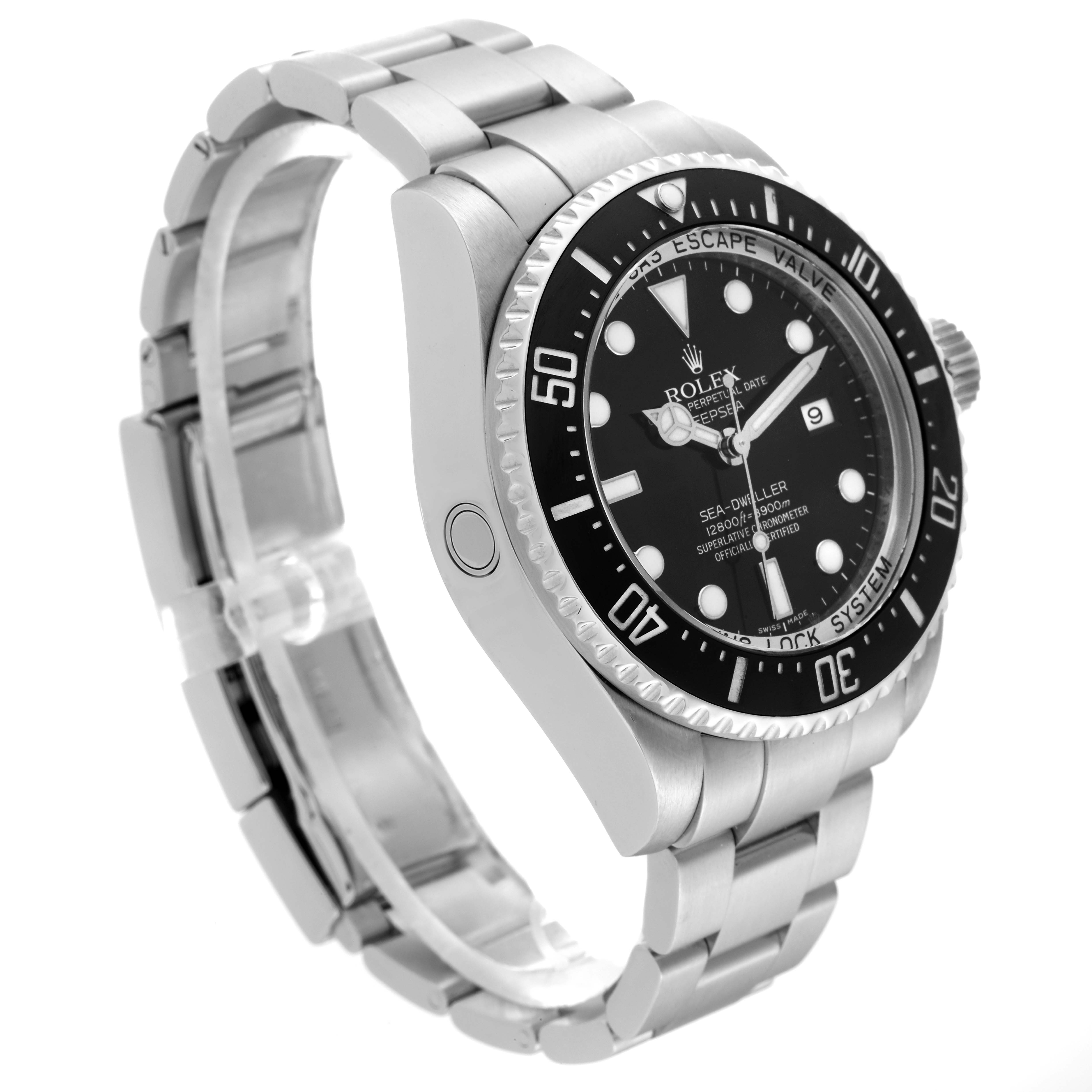 The Rolex Sea-Dweller 116660 Men's Stainless Steel Black Dial watch is shown at a three-quarter angle, highlighting the bracelet, case, bezel, and dial.