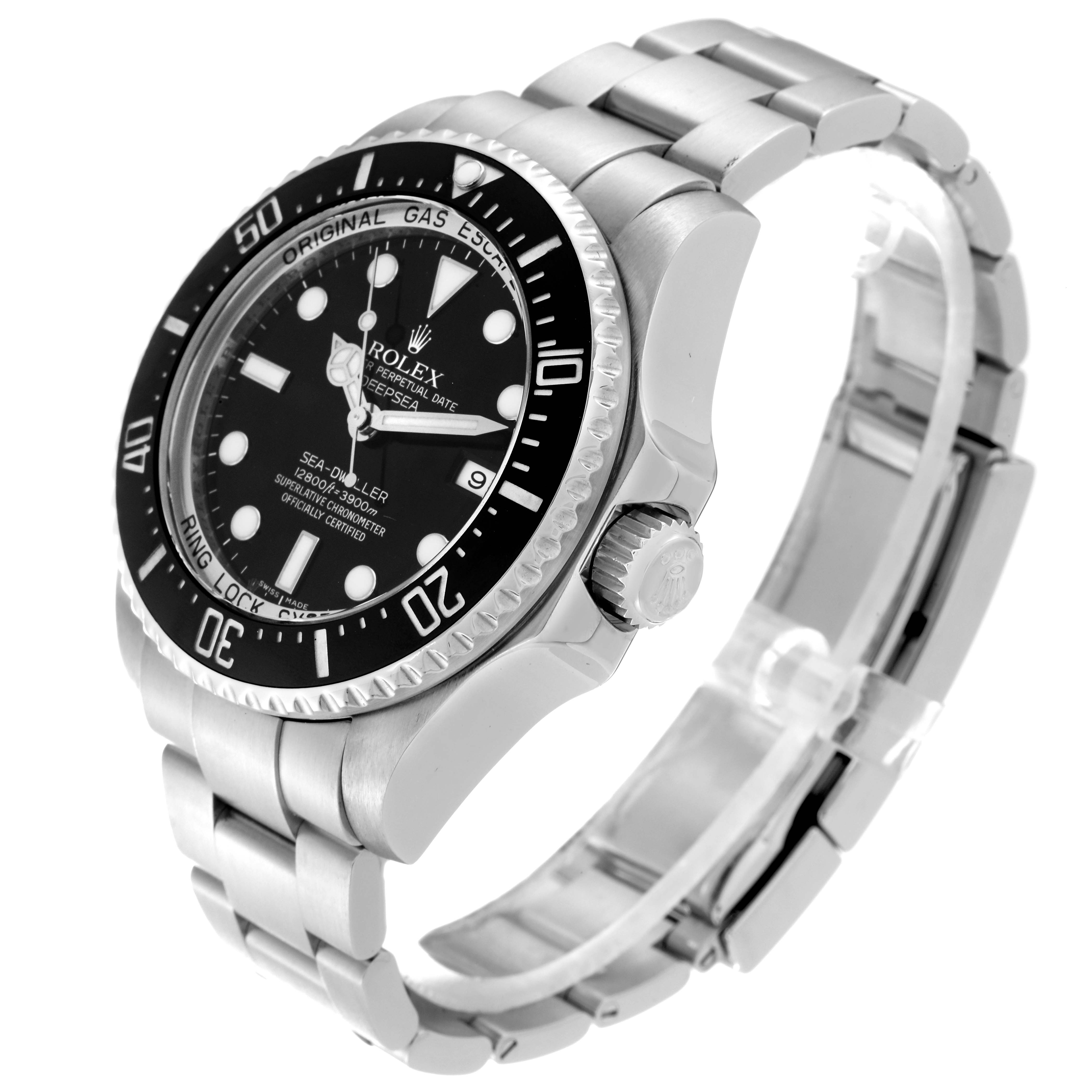 The Rolex Sea-Dweller 116660 Men's Stainless Steel Black Dial watch is shown at an angle highlighting the face, bezel, crown, and bracelet.