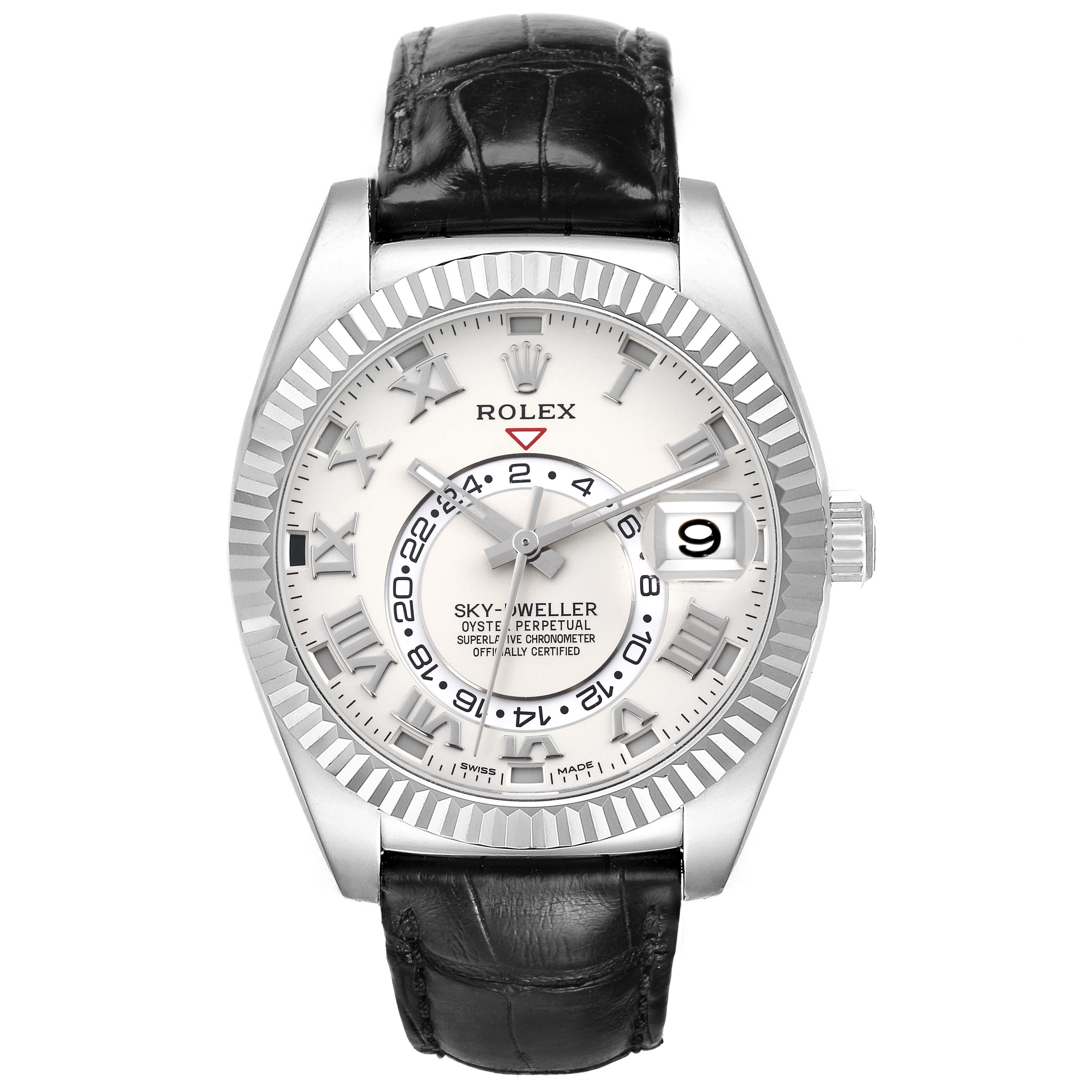 The Rolex Sky-Dweller 326139 Men
s White Gold Beige Dial watch is shown from a top-down angle, displaying the entire face, bezel, and strap.