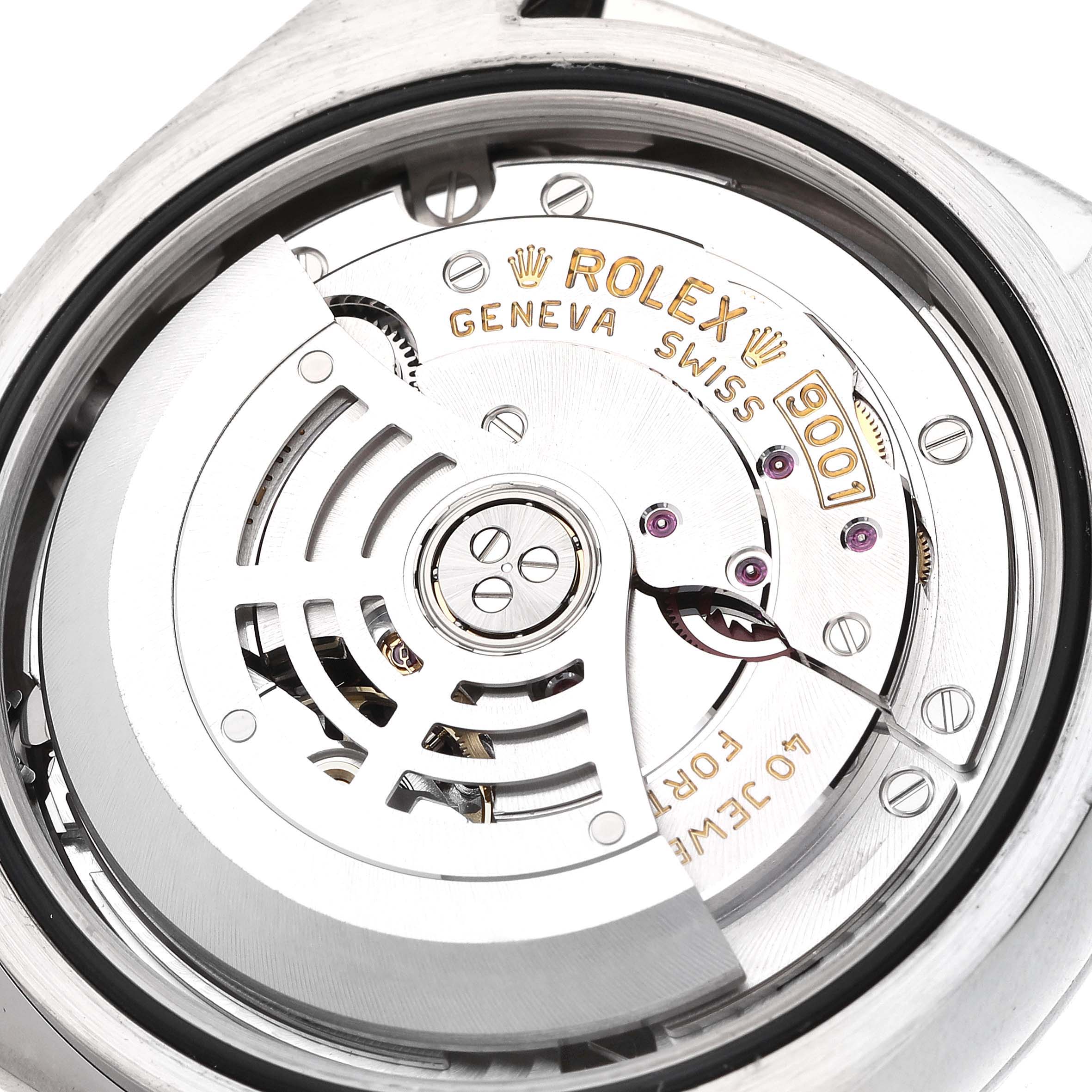 The image shows the movement of a Rolex Sky-Dweller 326139 Men
s White Gold Beige Dial watch from a top-down angle, highlighting the rotor and engraved text.