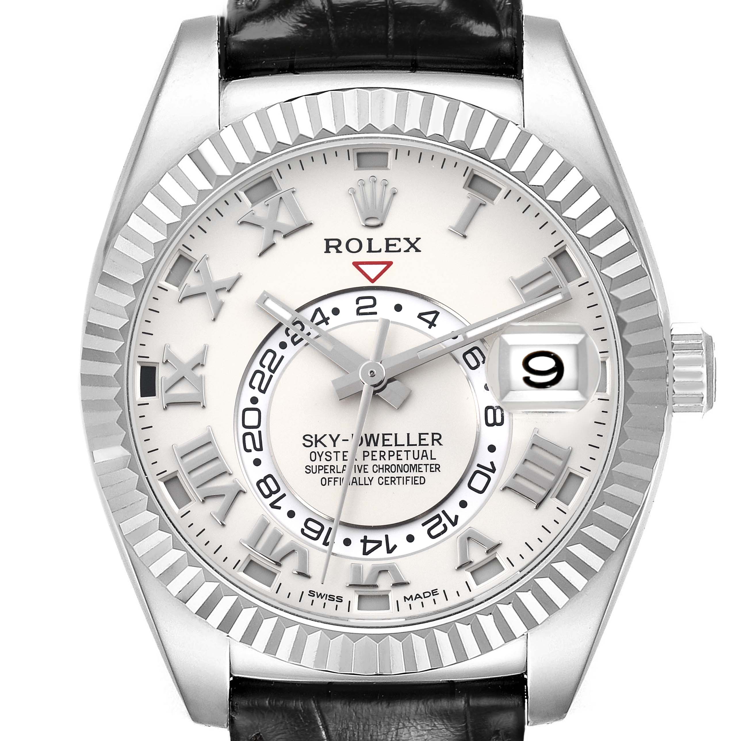The Rolex Sky-Dweller 326139 Men
s White Gold Beige Dial watch is shown from the front, highlighting its dial, bezel, and leather strap.