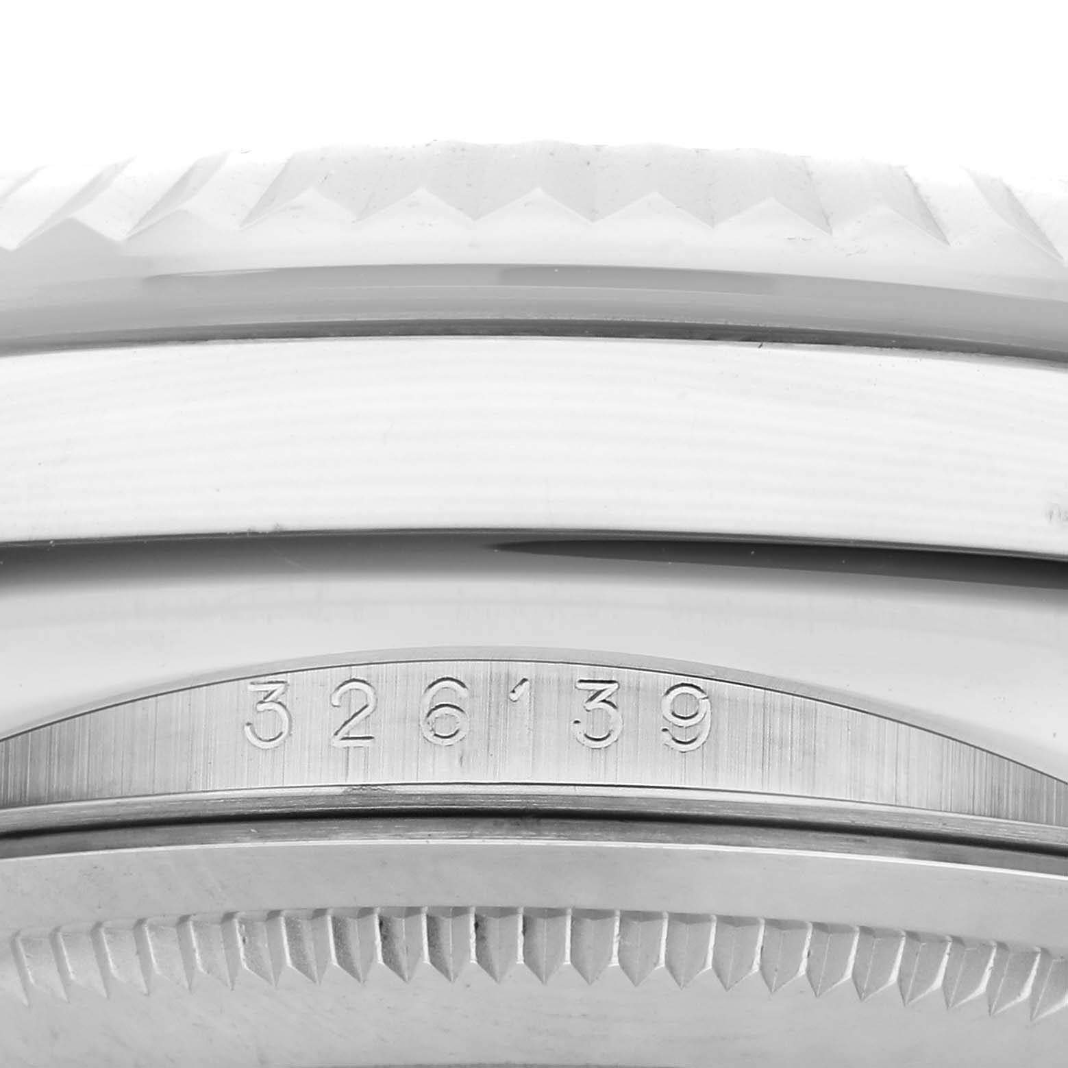 The image shows a close-up of the case side and engraved edge of a Rolex Sky-Dweller 326139 Men
s White Gold Beige Dial, focusing on the model number.