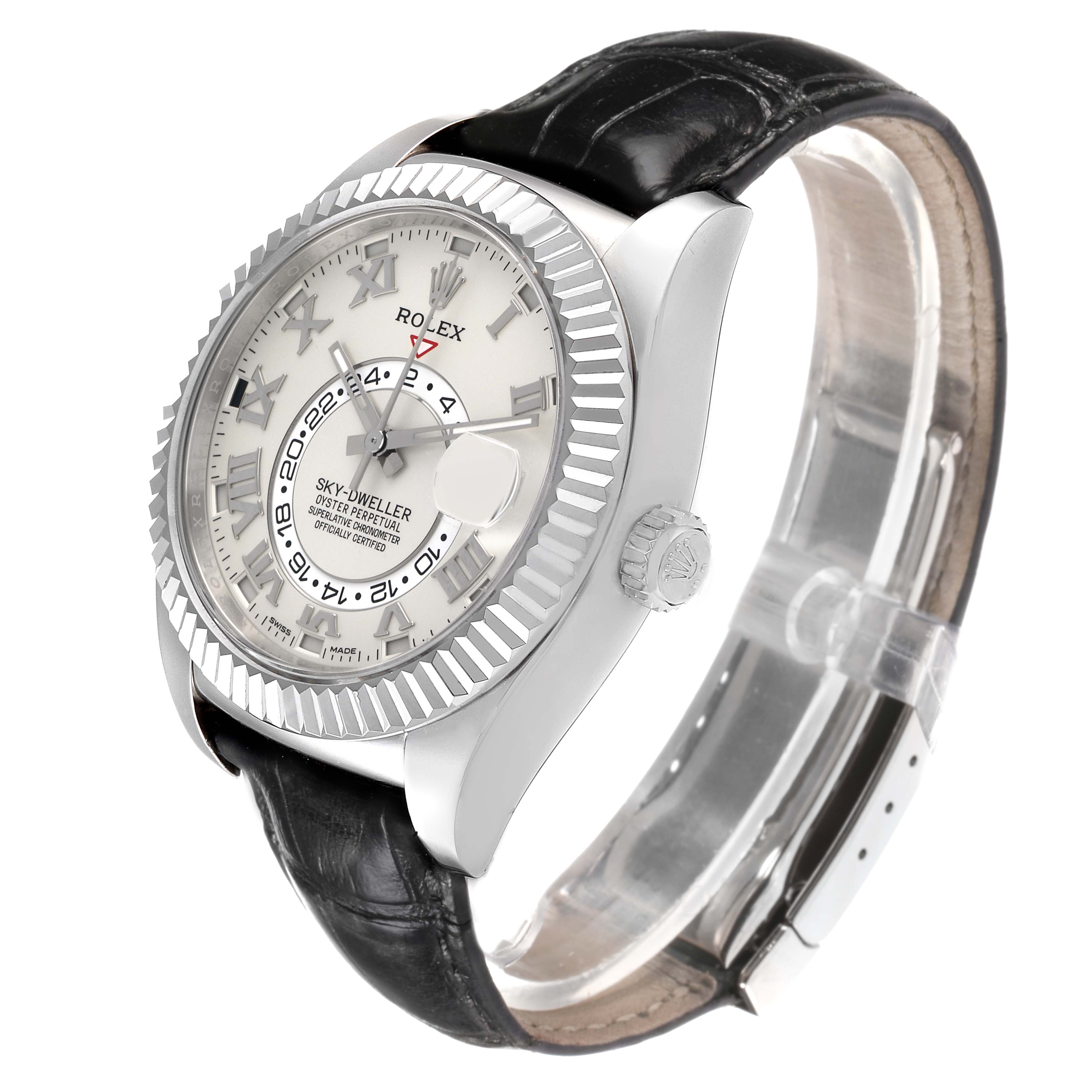 The image shows a Rolex Sky-Dweller 326139 Men
s White Gold Beige Dial watch at an angled side view, highlighting its face, bezel, and leather strap.