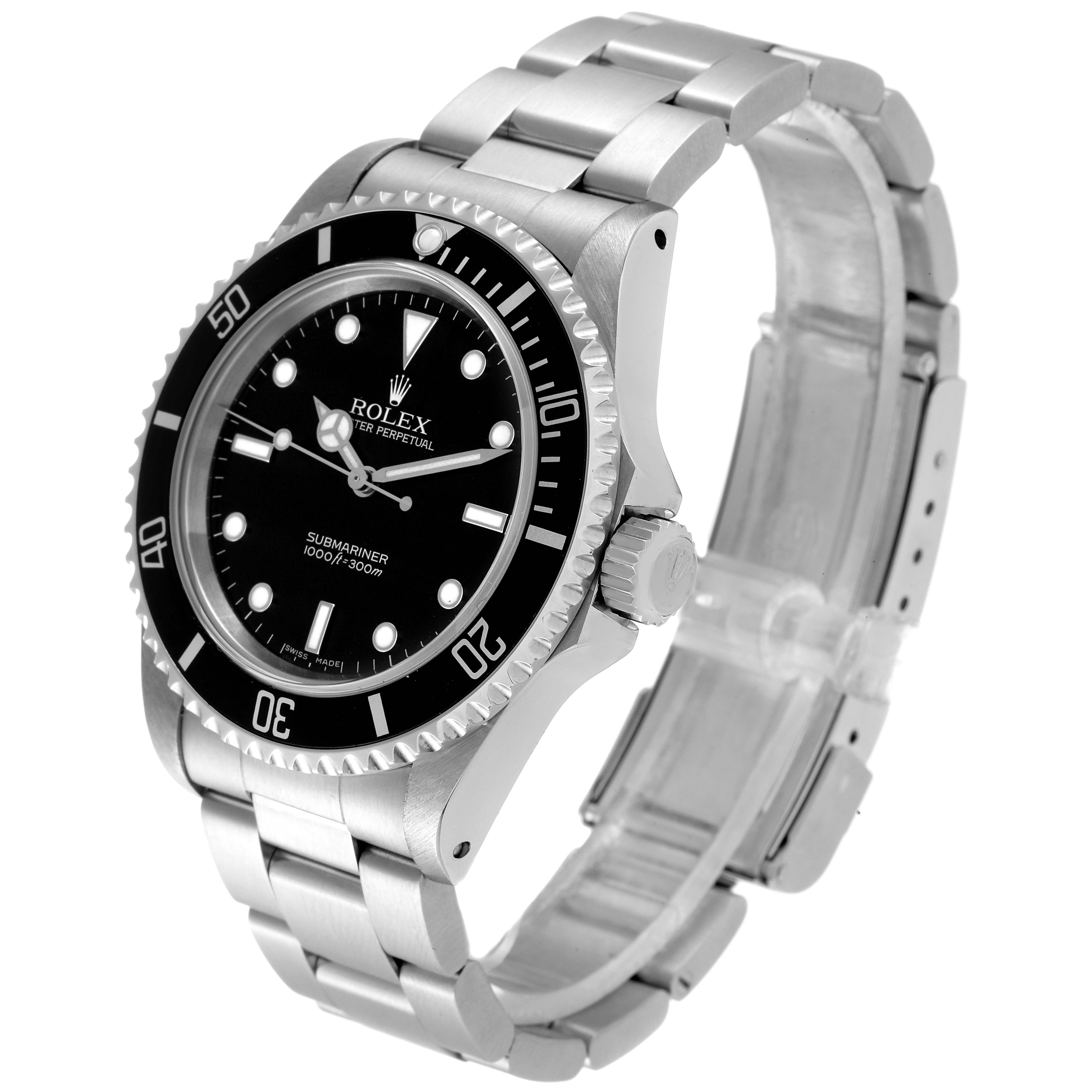 The image shows a Rolex Submariner 14060 Men
s Stainless Steel Black Dial 14060 Men
s Stainless Steel Black Dial watch at a three-quarter angle, highlighting its face, bezel, and bracelet.