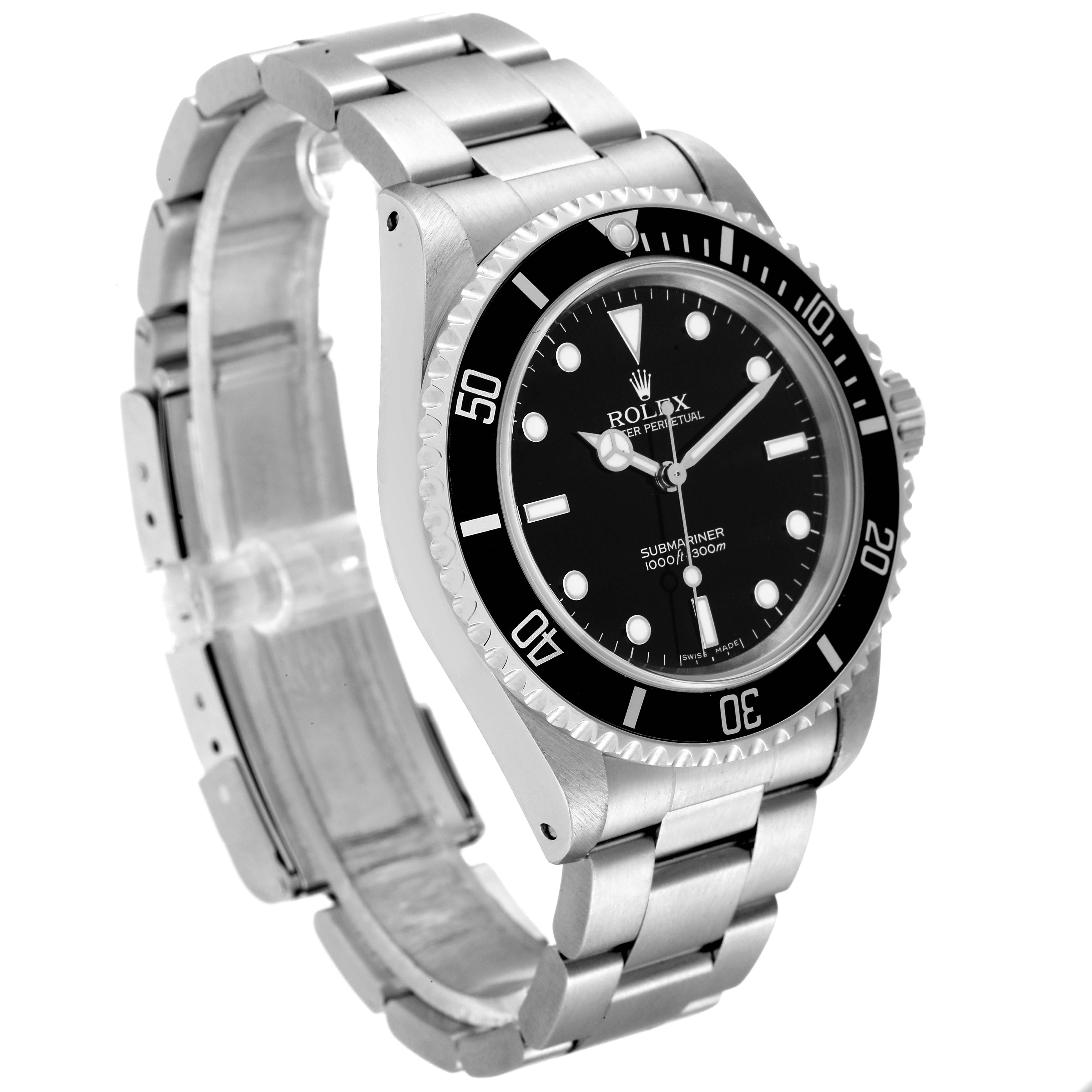 The Rolex Submariner 14060 Men
s Stainless Steel Black Dial 14060 Men
s Stainless Steel Black Dial watch is shown at a slight angle, displaying the face, bezel, and bracelet.