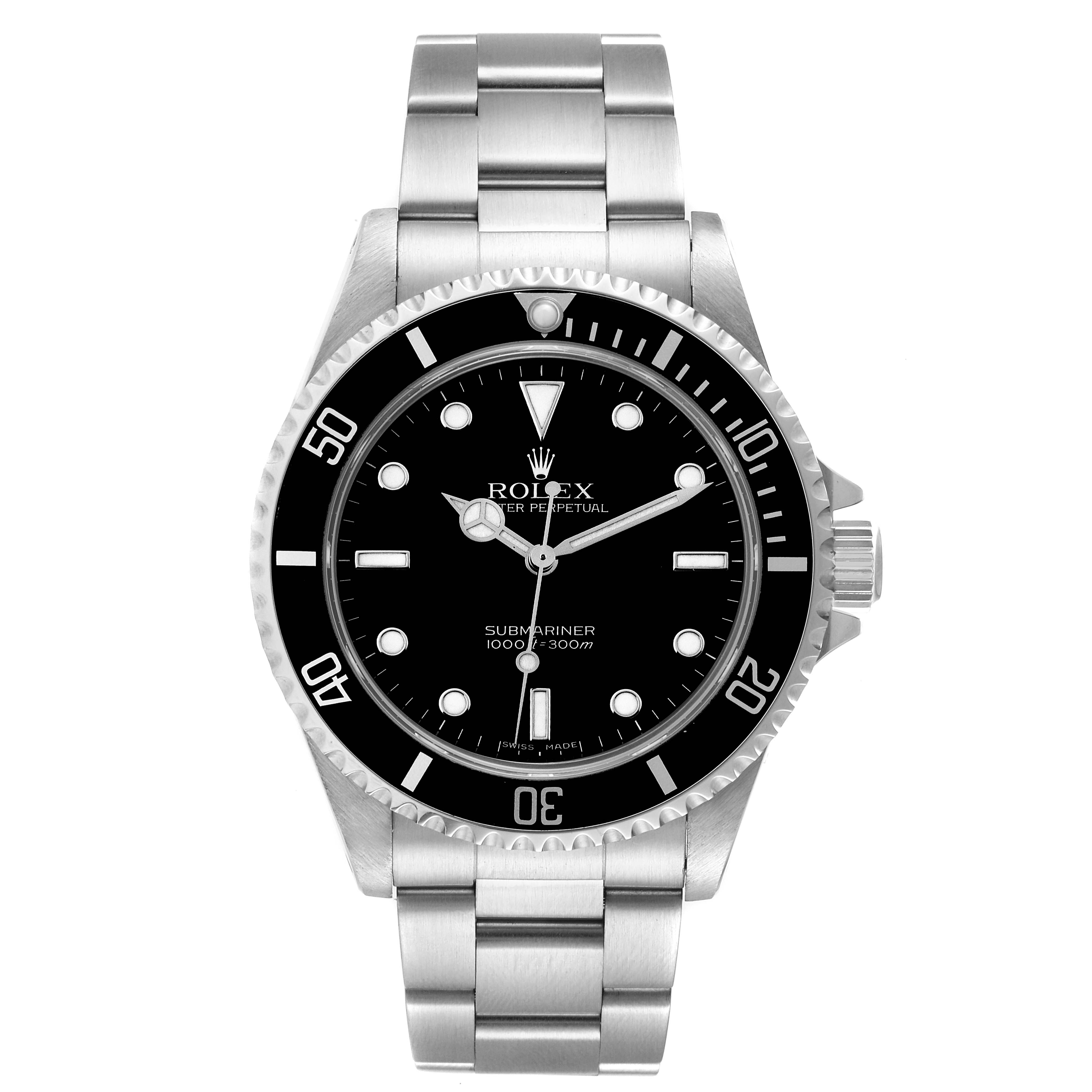 The image shows a front view of the Rolex Submariner 14060 Men
s Stainless Steel Black Dial 14060 Men
s Stainless Steel Black Dial watch, displaying the dial, bezel, and bracelet.