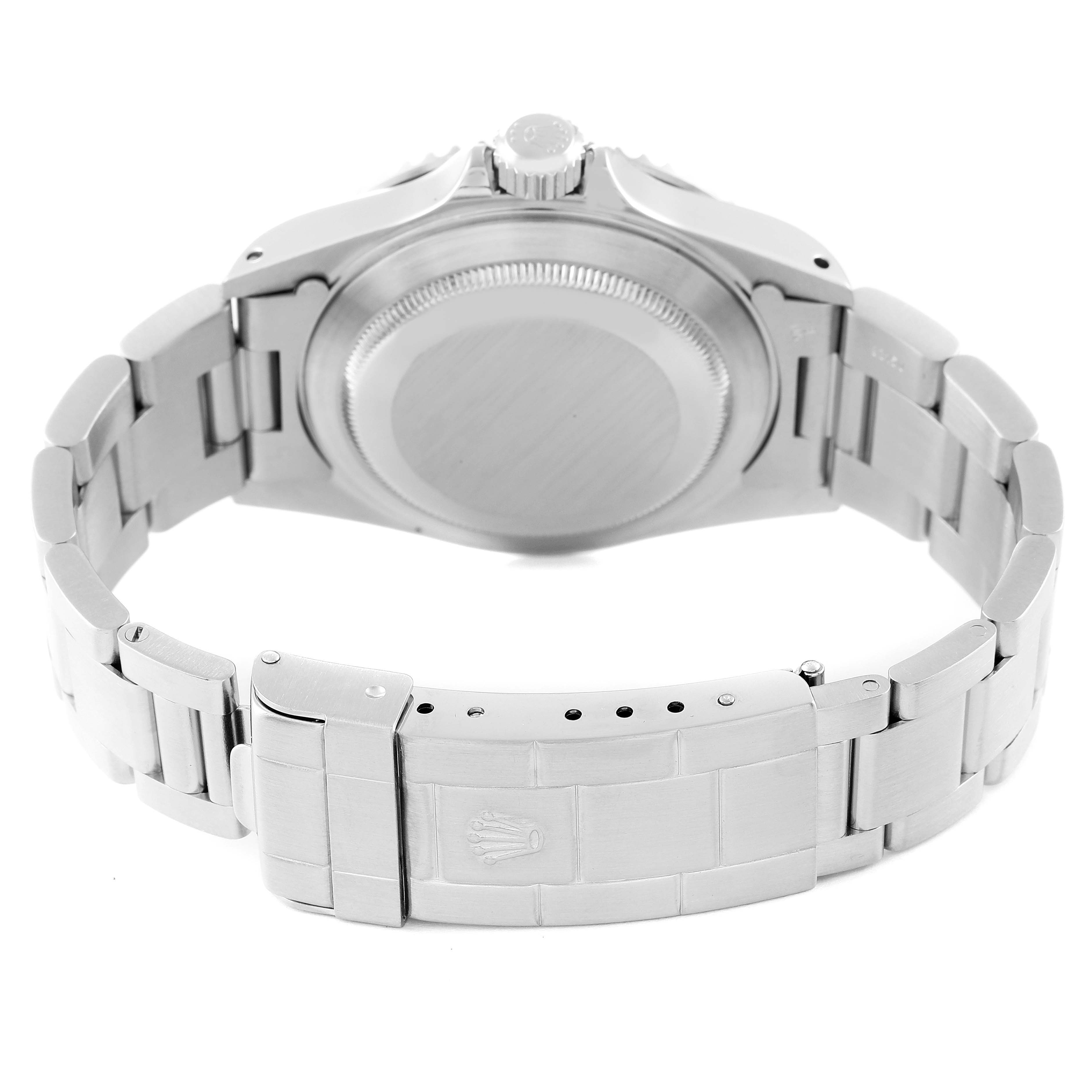 This image shows the back view of a Rolex Submariner 14060 Men
s Stainless Steel Black Dial 14060 Men
s Stainless Steel Black Dial, including the case back, bracelet, and clasp.