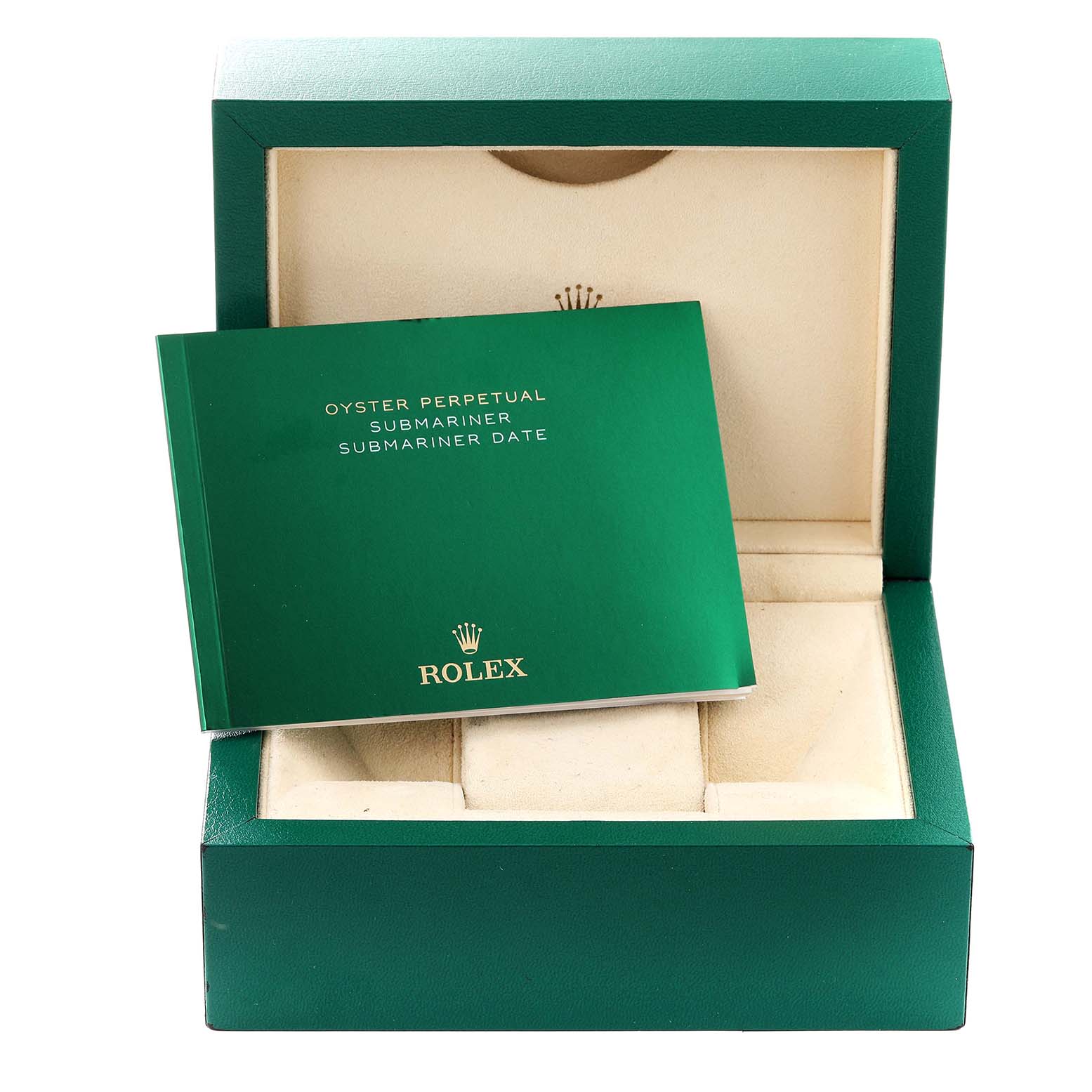 The image shows the green box and manual for a Rolex Submariner 116610 Men
s Stainless Steel Black Dial 116610 Men
s Stainless Steel Black Dial watch from a front-facing angle.