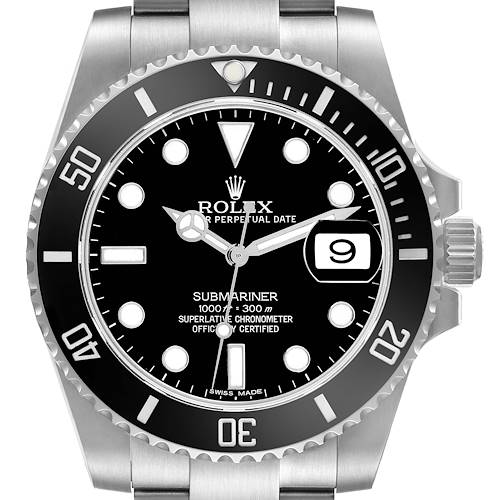 This image shows a frontal view of the Rolex Submariner watch, featuring the dial, bezel, crown, and part of the bracelet.