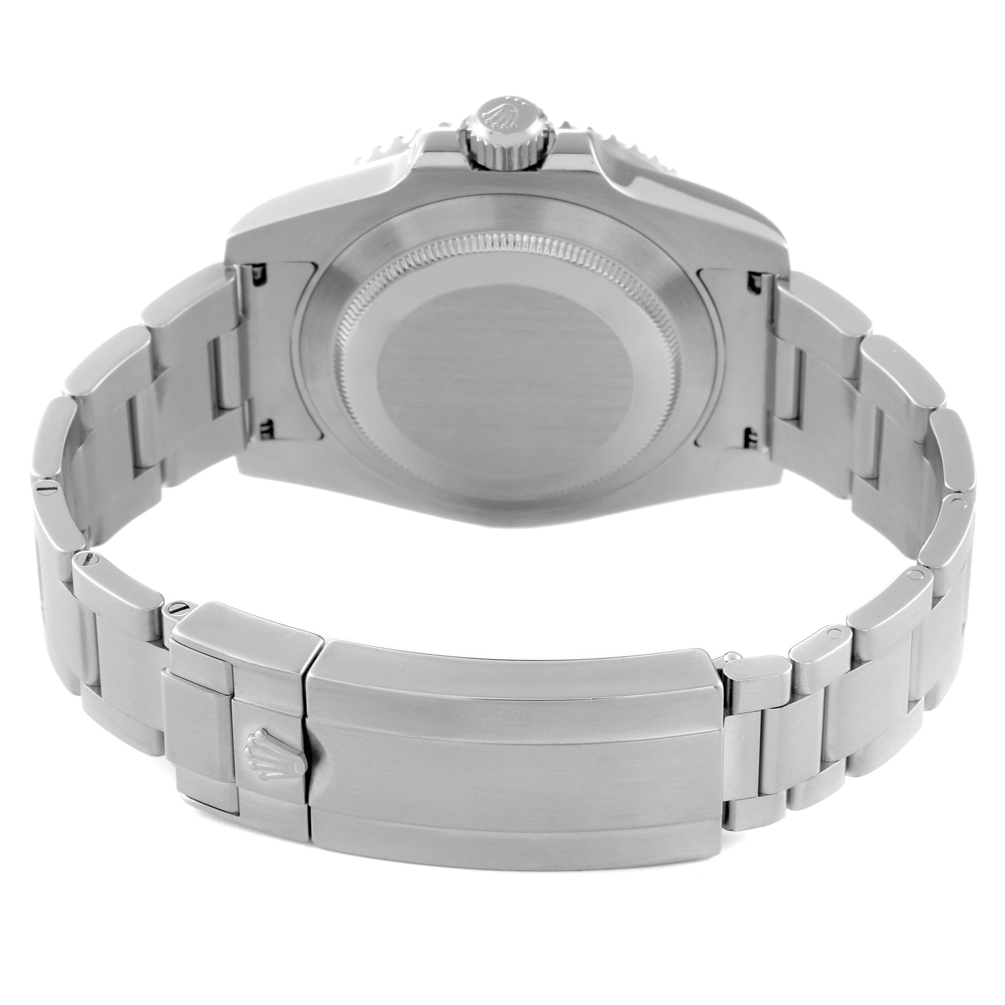 This Rolex Submariner 116610 Men
s Stainless Steel Black Dial 116610 Men
s Stainless Steel Black Dial model is shown from the back, highlighting its case back, crown, and bracelet with clasp.