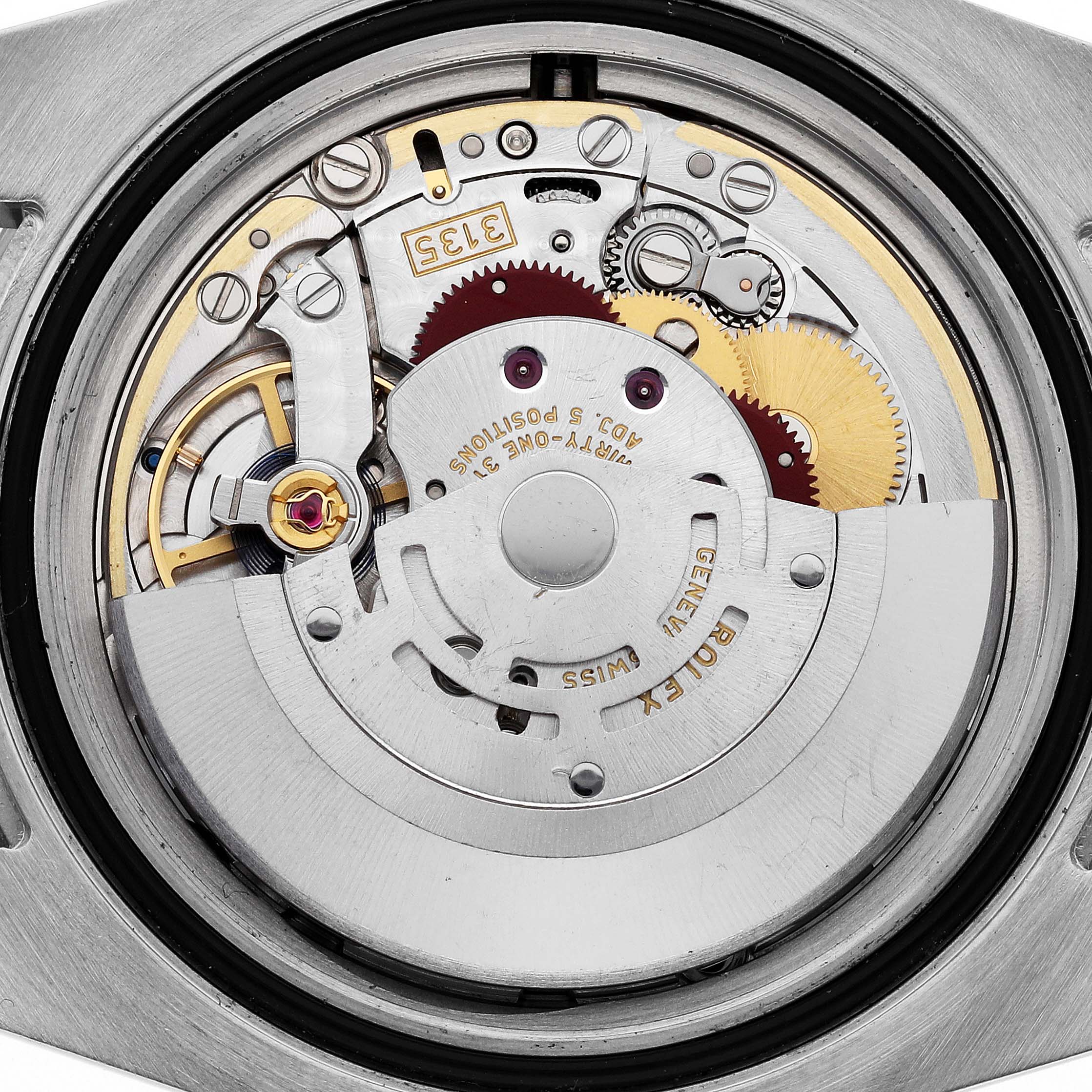 The image shows the back view of a Rolex Submariner 116610 Men
s Stainless Steel Black Dial 116610 Men
s Stainless Steel Black Dial watch, focusing on its internal movement mechanism and components.