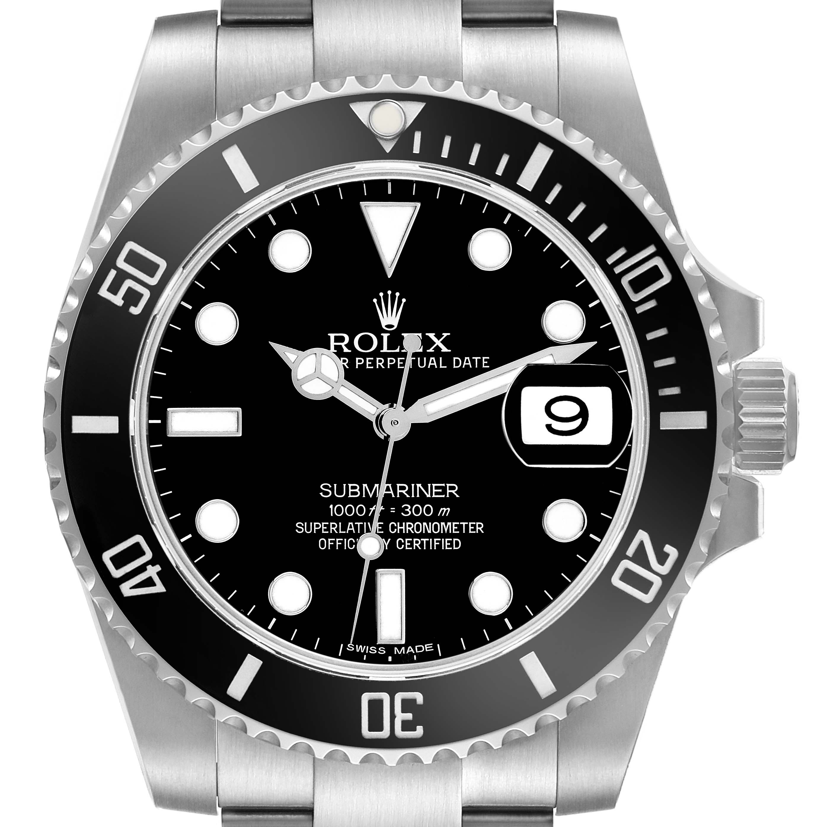 The Rolex Submariner 116610 Men
s Stainless Steel Black Dial 116610 Men
s Stainless Steel Black Dial watch is shown from a front angle, featuring its bezel, dial, hands, and date window.