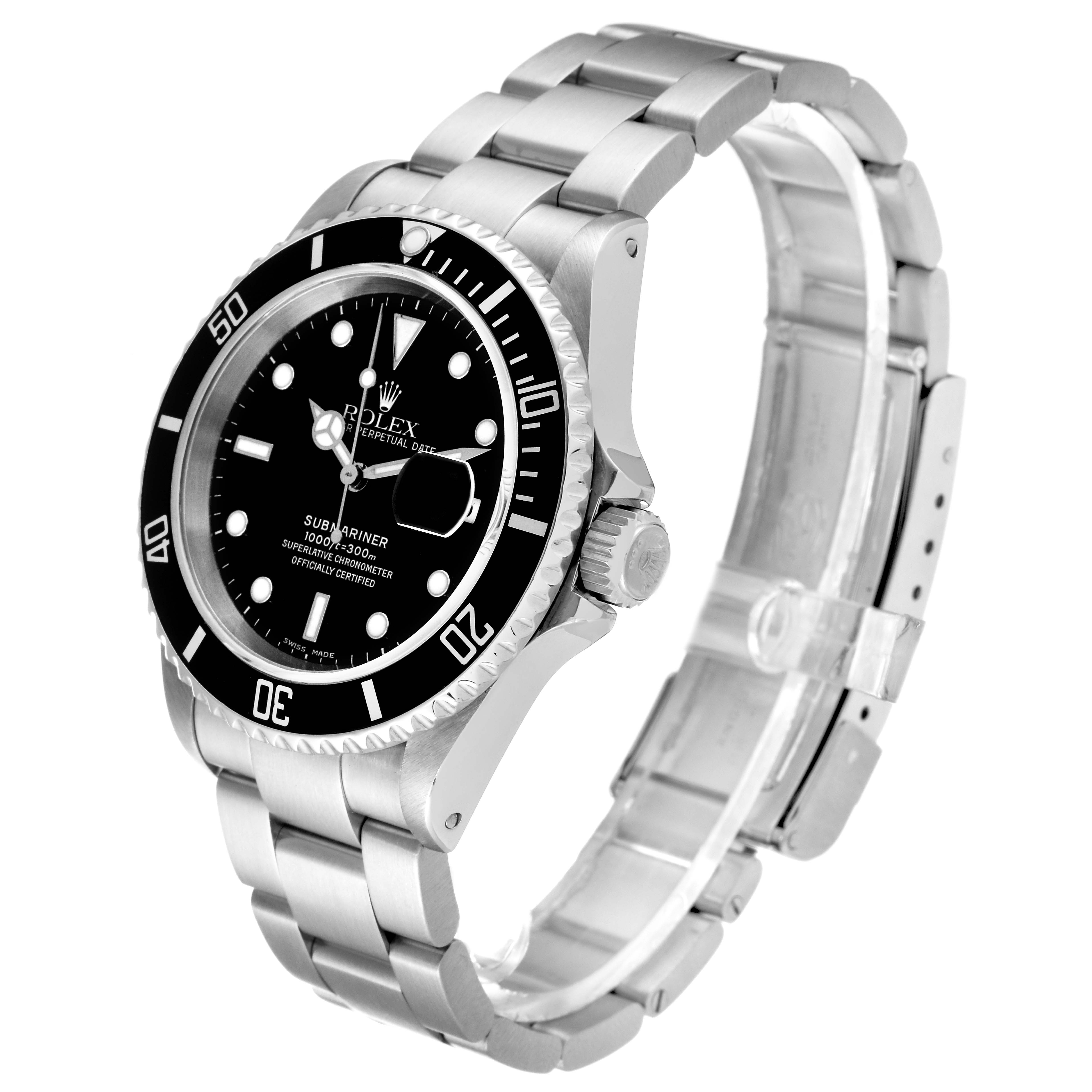 This image shows a Rolex Submariner 16610 Men
s Stainless Steel Black Dial 16610 Men
s Stainless Steel Black Dial watch at a three-quarter angle, highlighting the dial, bezel, case, and bracelet.
