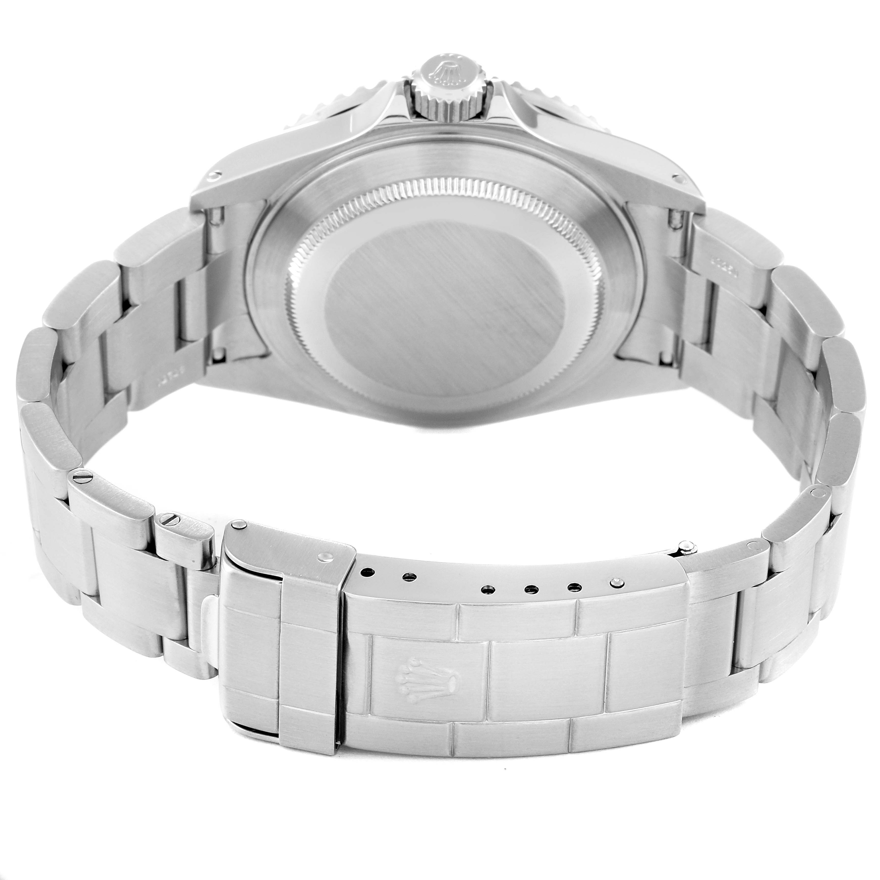 This image shows the back and clasp of the Rolex Submariner 16610 Men
s Stainless Steel Black Dial 16610 Men
s Stainless Steel Black Dial watch at an angled view.