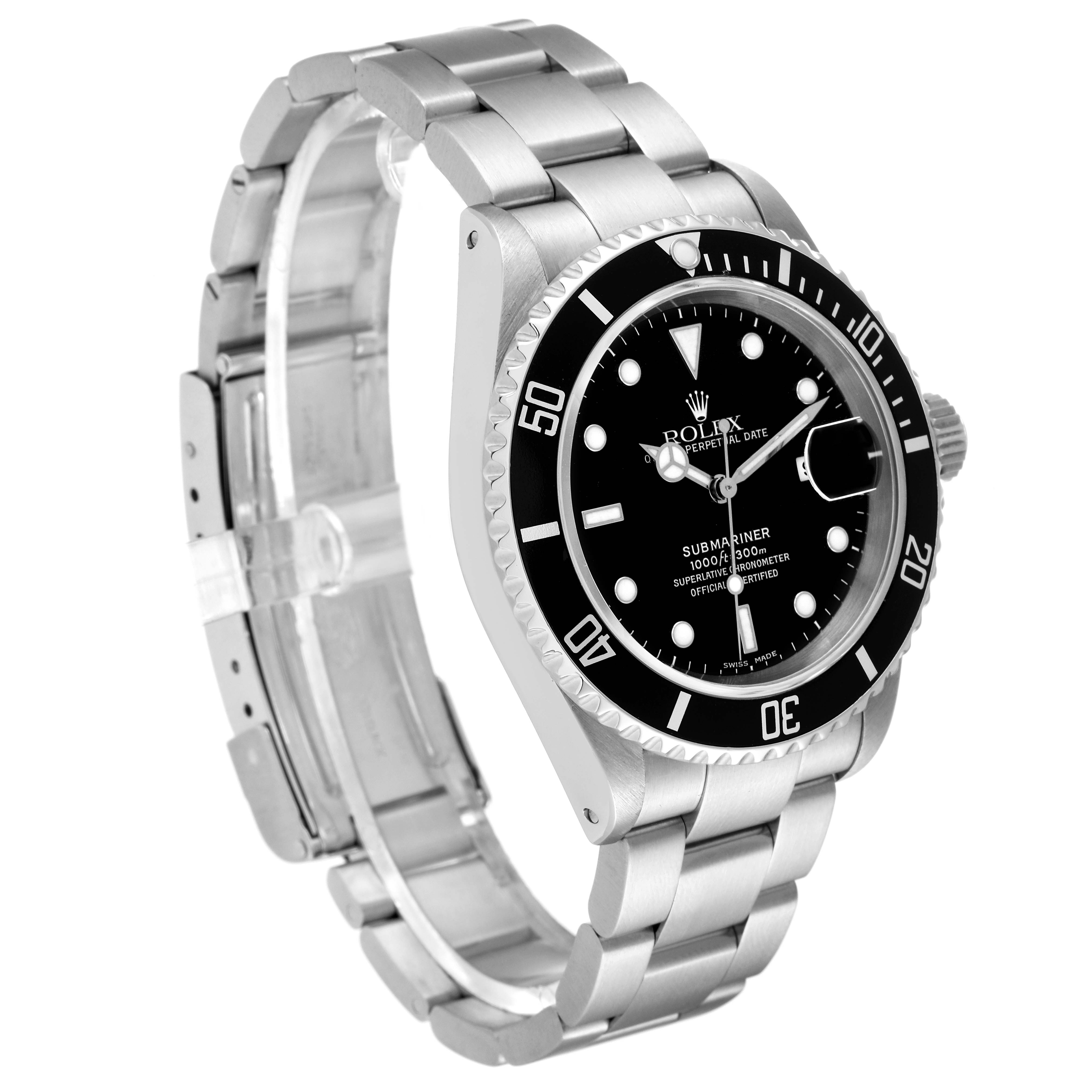 The image shows a Rolex Submariner 16610 Men
s Stainless Steel Black Dial 16610 Men
s Stainless Steel Black Dial watch angled to display the face, bezel, crown, and part of the bracelet.