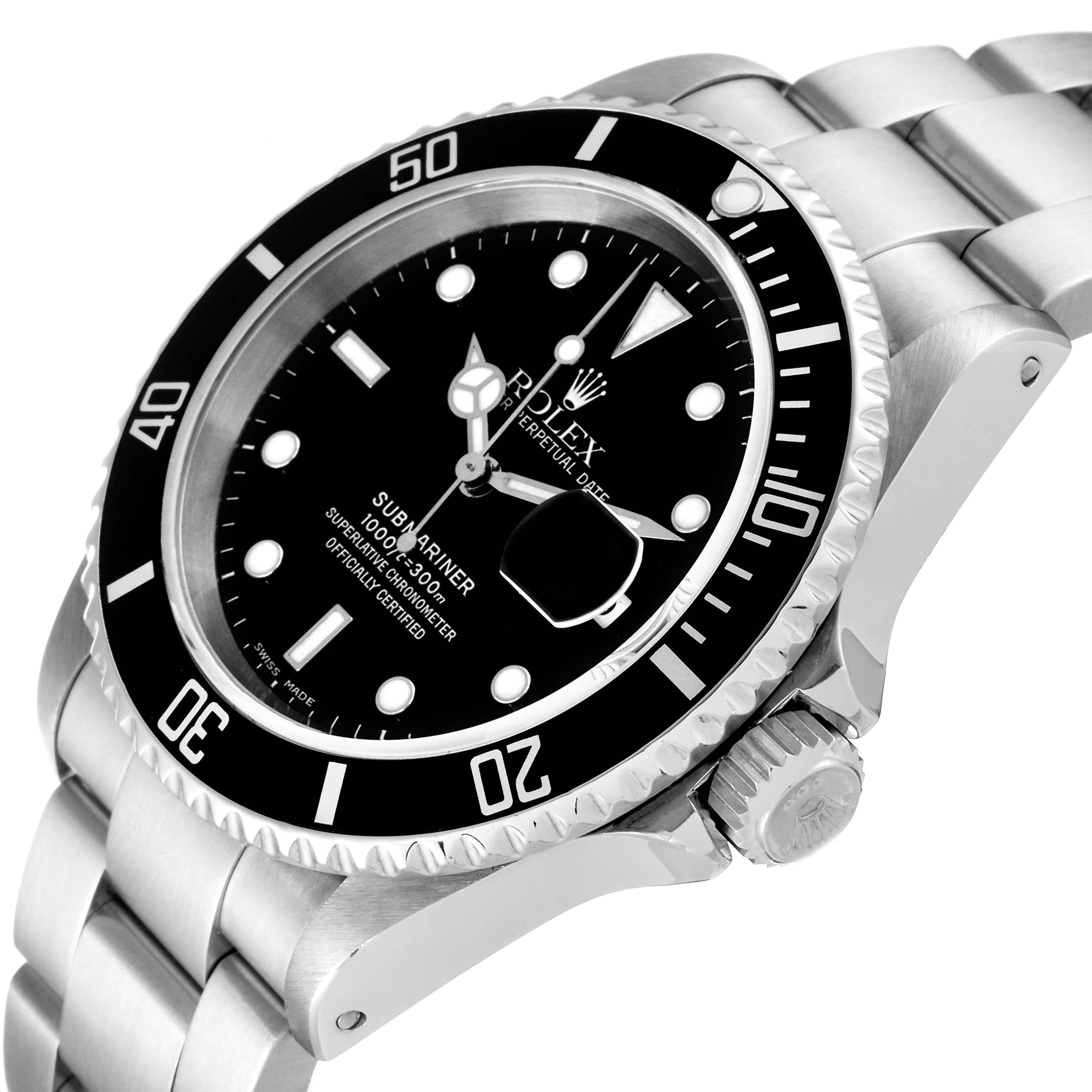 The image shows a close-up angle of the Rolex Submariner 16610 Men
s Stainless Steel Black Dial 16610 Men
s Stainless Steel Black Dial watch, highlighting its face, bezel, crown, and part of the bracelet.