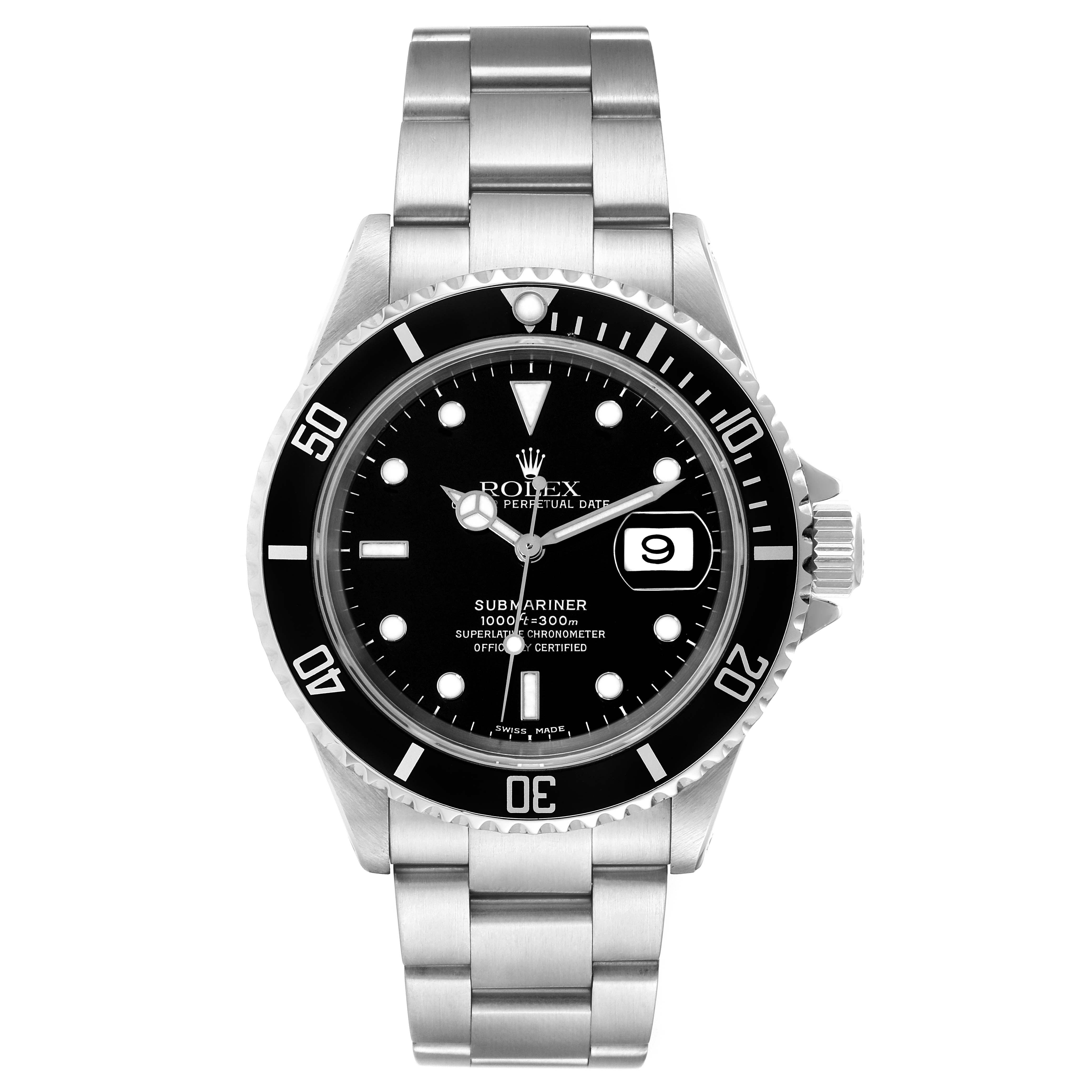 The image shows a front view of a Rolex Submariner 16610 Men
s Stainless Steel Black Dial 16610 Men
s Stainless Steel Black Dial watch, highlighting its black dial, date window, rotating bezel, and stainless steel bracelet.