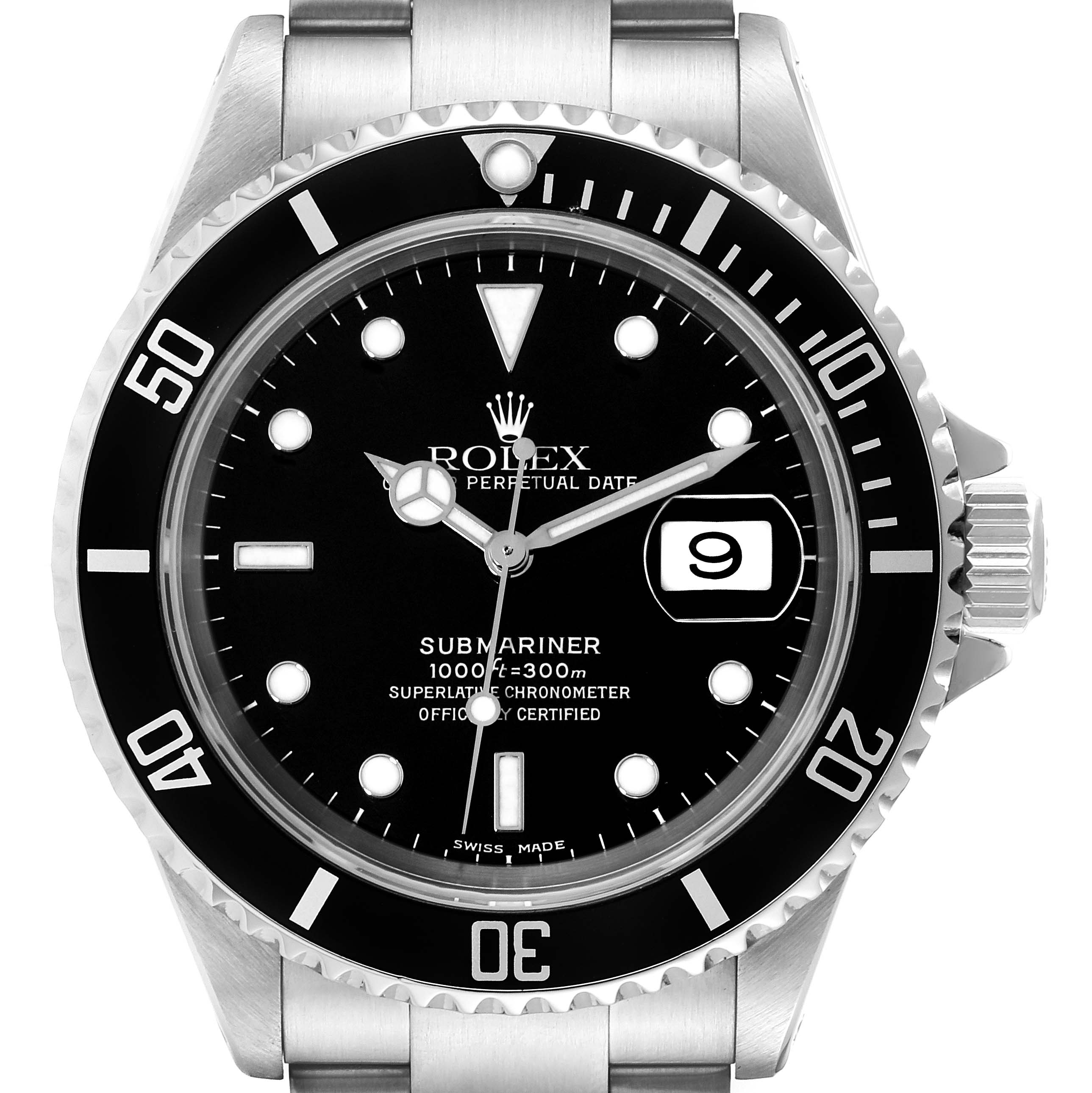 This image shows a front view of the Rolex Submariner 16610 Men
s Stainless Steel Black Dial 16610 Men
s Stainless Steel Black Dial watch, highlighting its dial, bezel, crown, and bracelet.