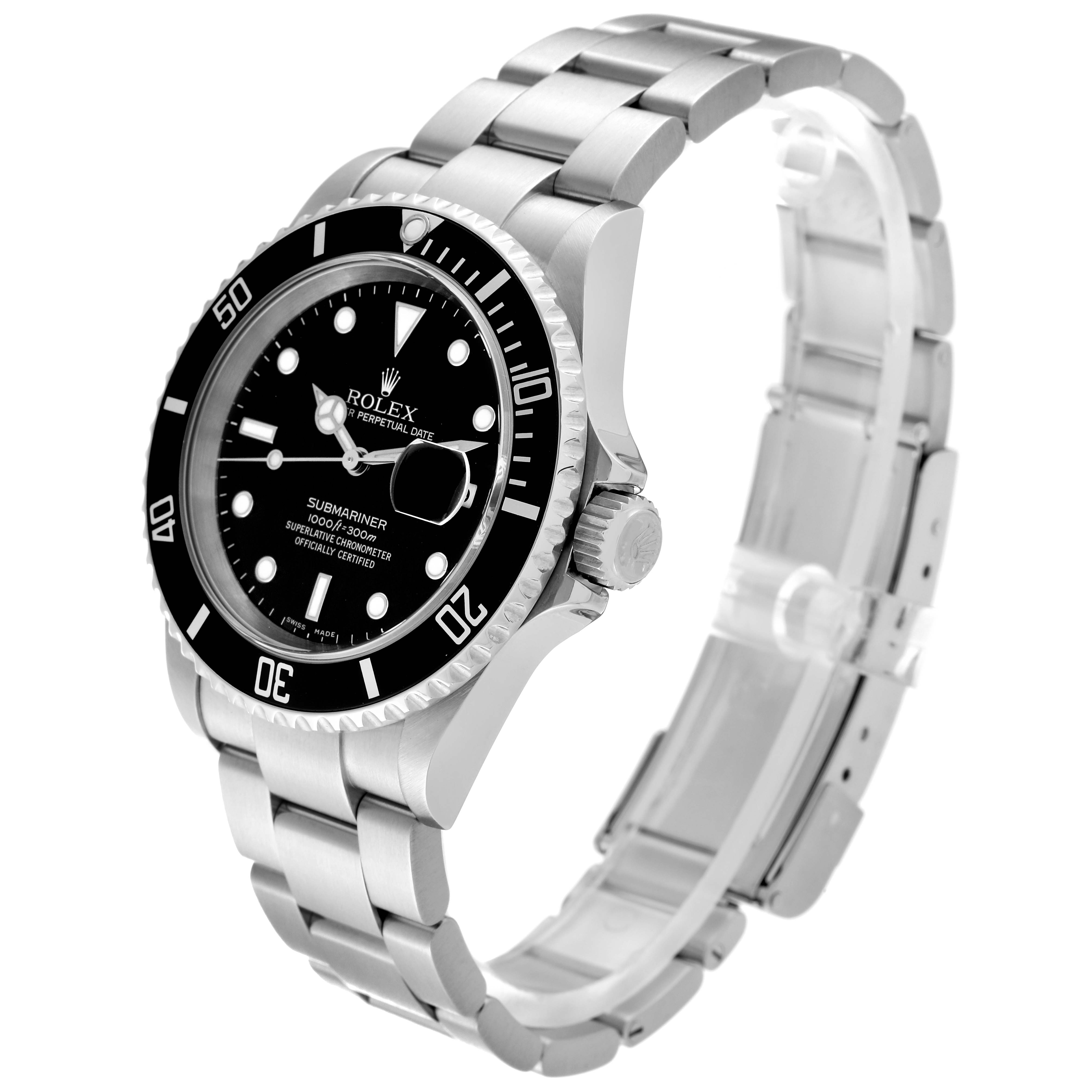 The image shows a Rolex Submariner 16610 Men
s Stainless Steel Black Dial 16610 Men
s Stainless Steel Black Dial watch at a three-quarter angle, highlighting the face, bezel, crown, and bracelet.