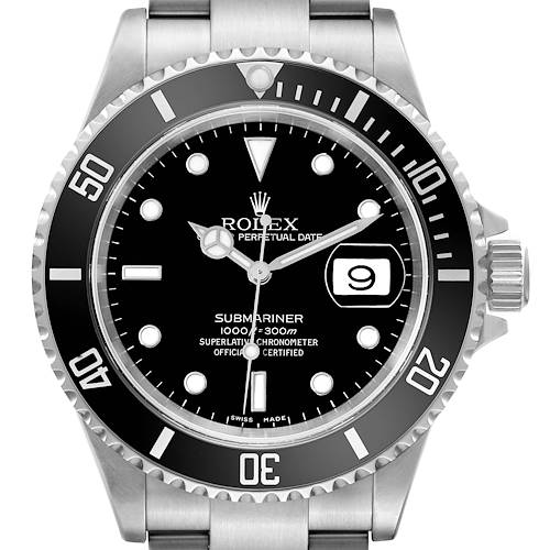 This image shows a front view of a Rolex Submariner, highlighting its black dial, bezel, and date window.